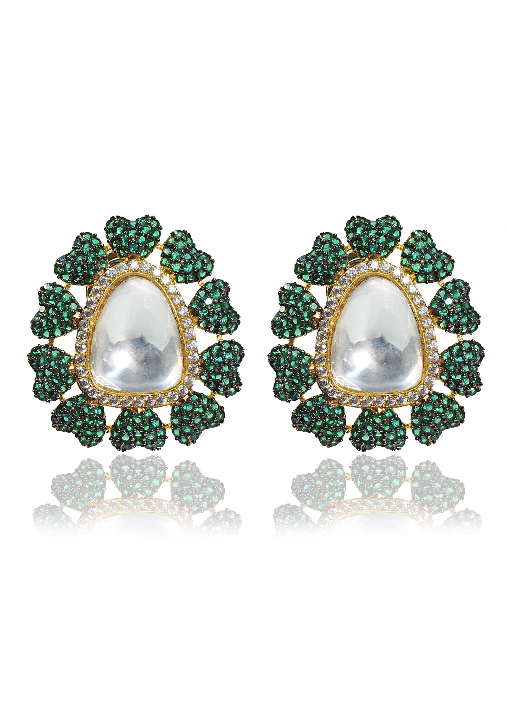 Green Heart Diamond And Kundan Stud Earrings