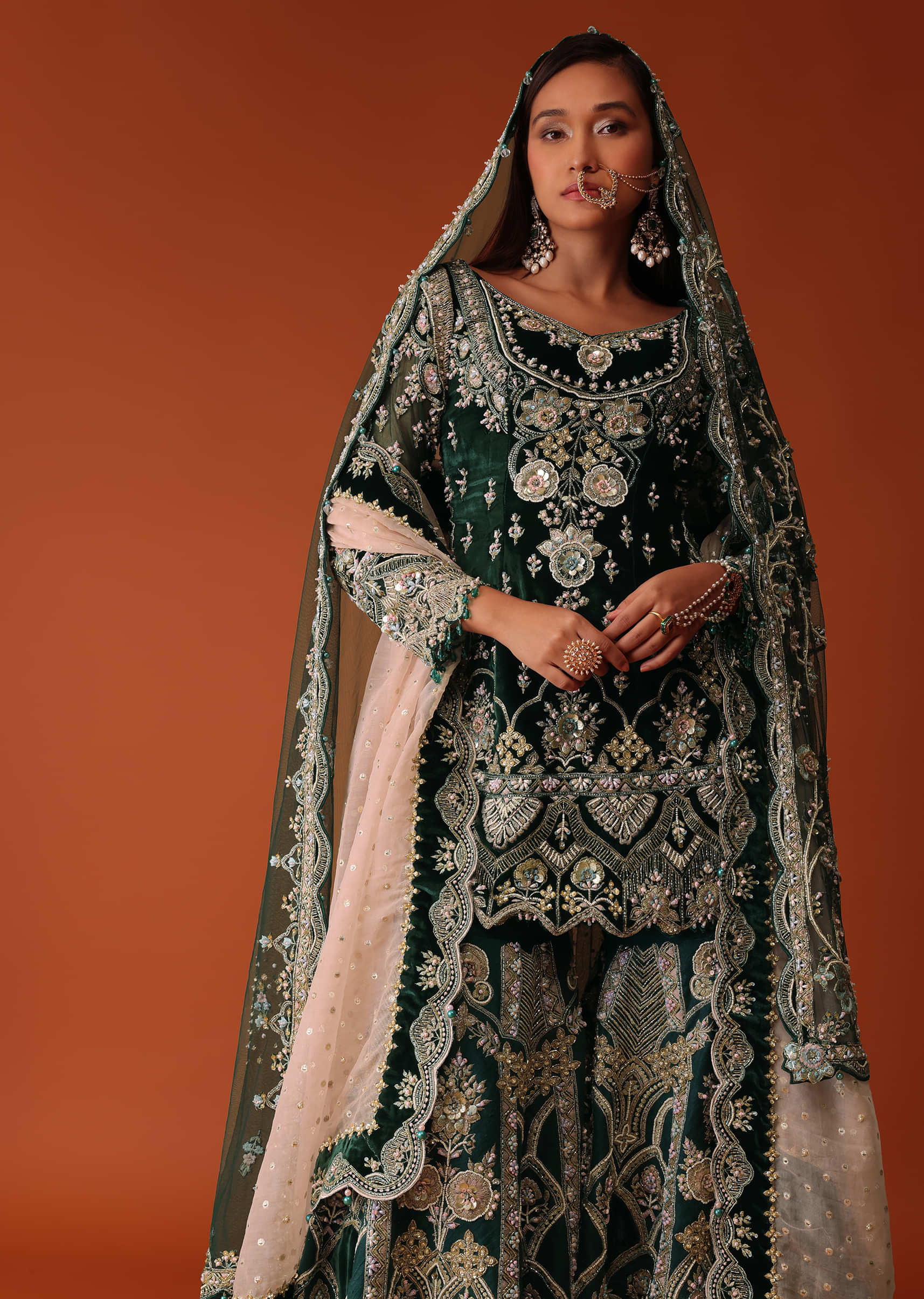 Green Heavily Embroidered Bridal Sharara Suit Set In Velvet