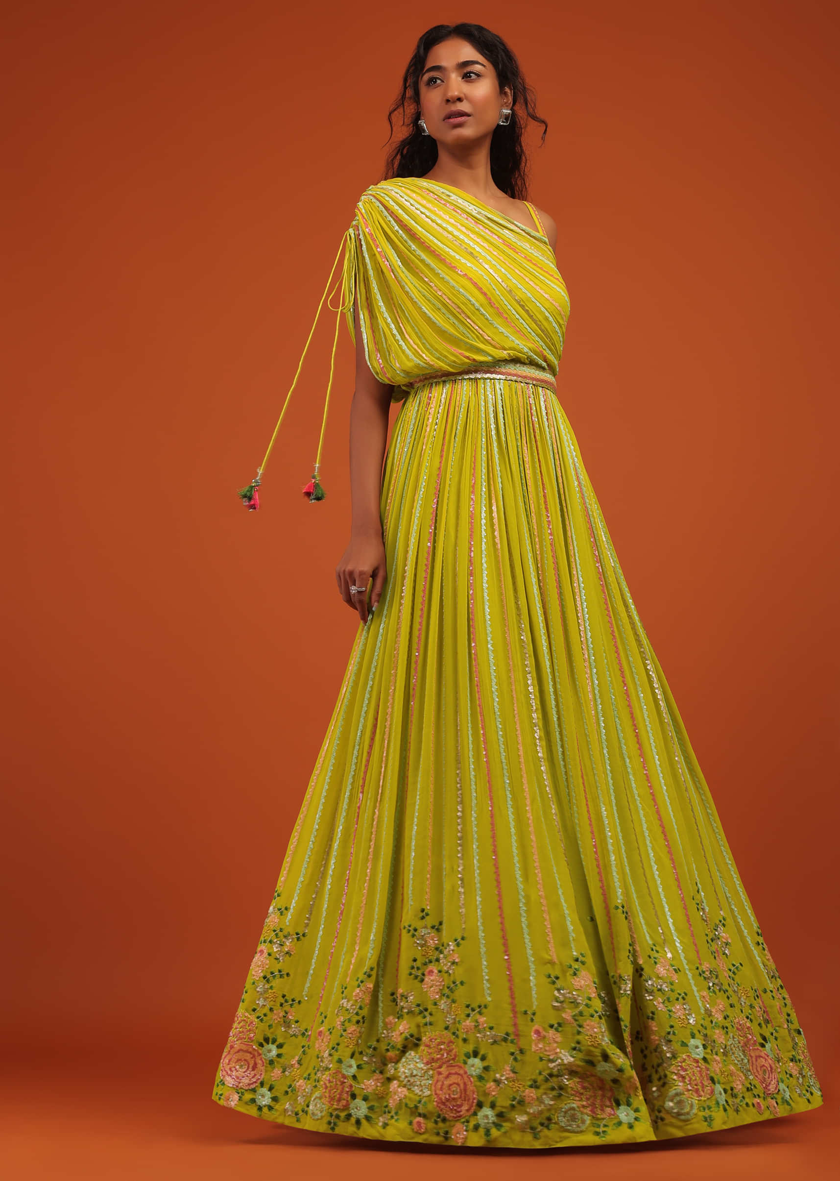 green indo western gown in georgette with multi color sg140906 2