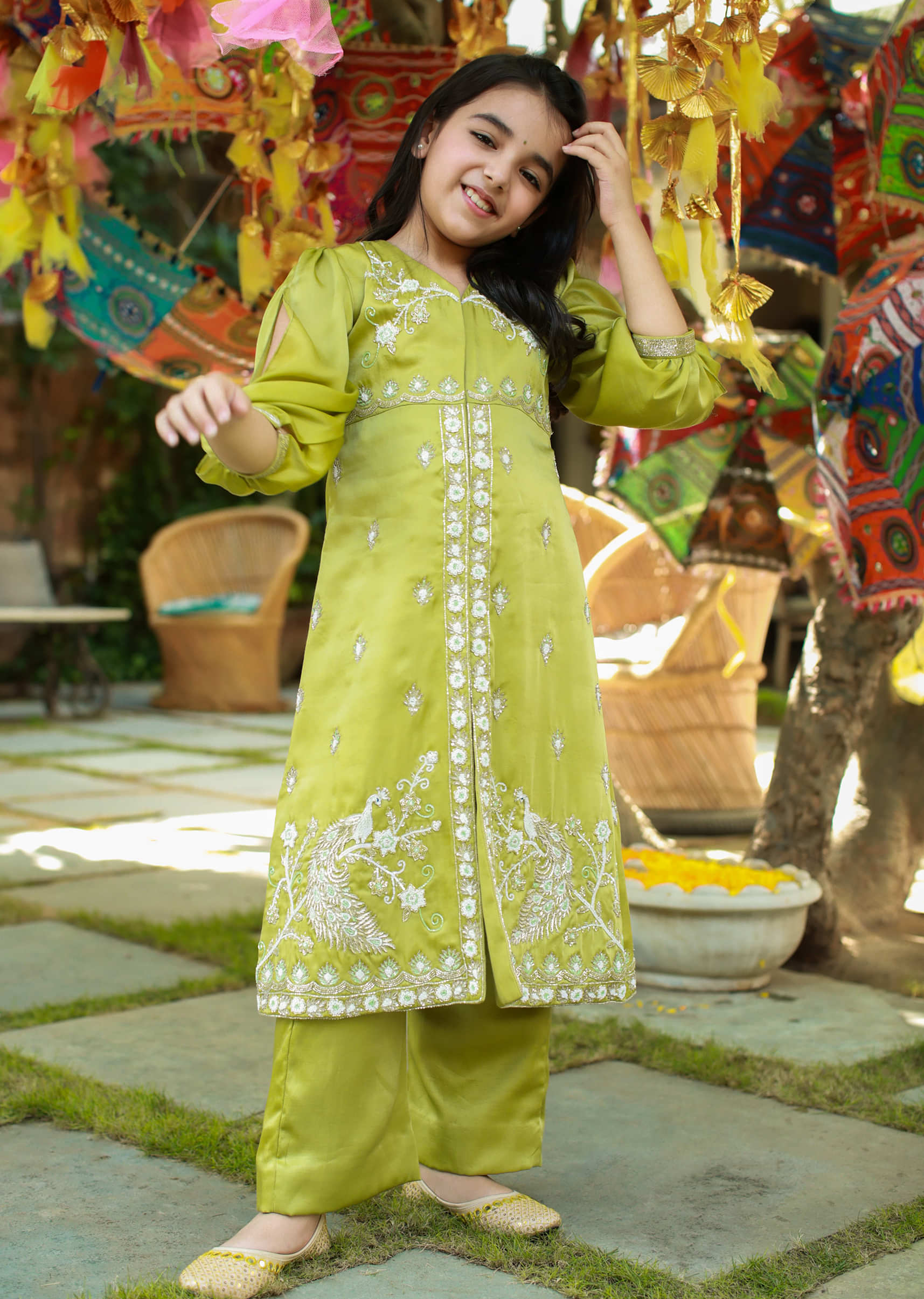 Kalki Girls Green Jacket Suit Set With Hand Crafted Embroidery Using Intricate Thread Work