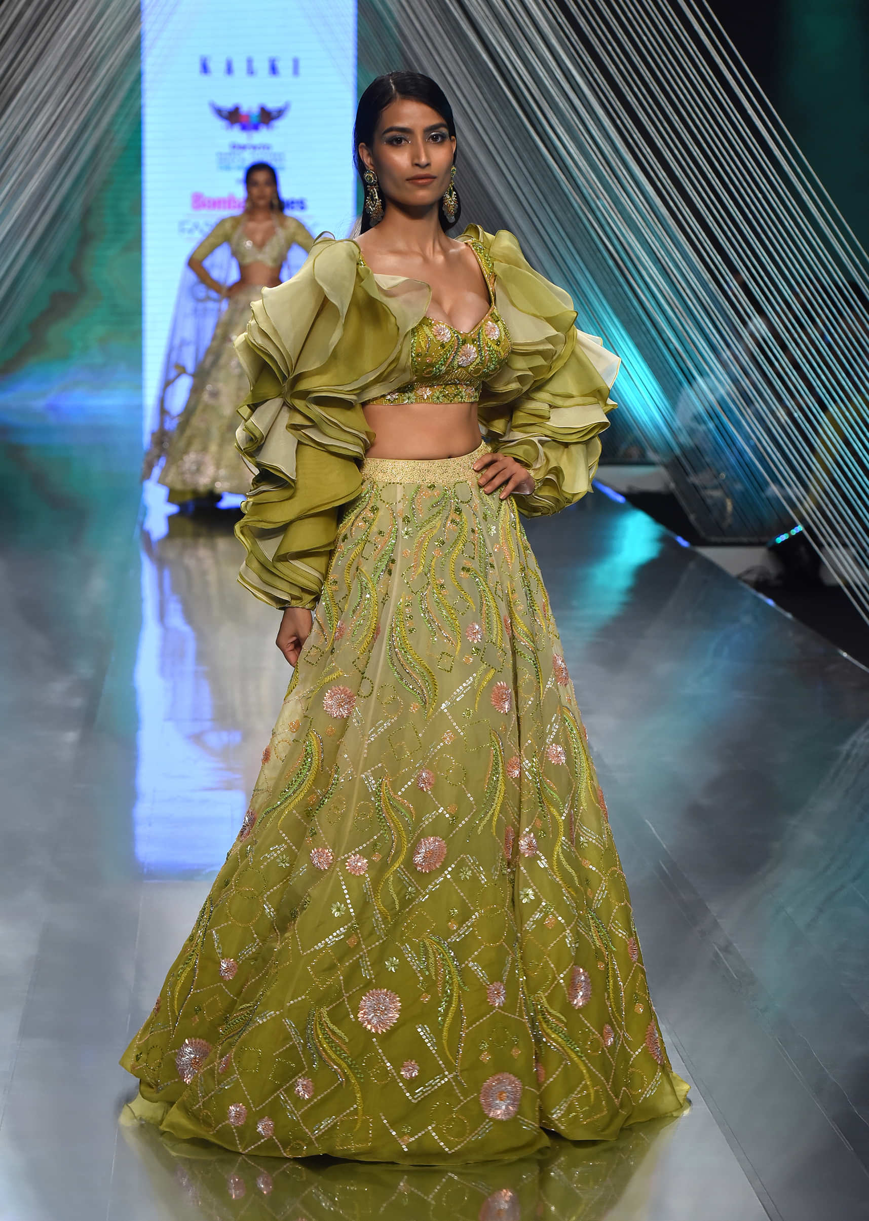 Citrus Ombre Lehenga And Crop Top In Sequins Embroider