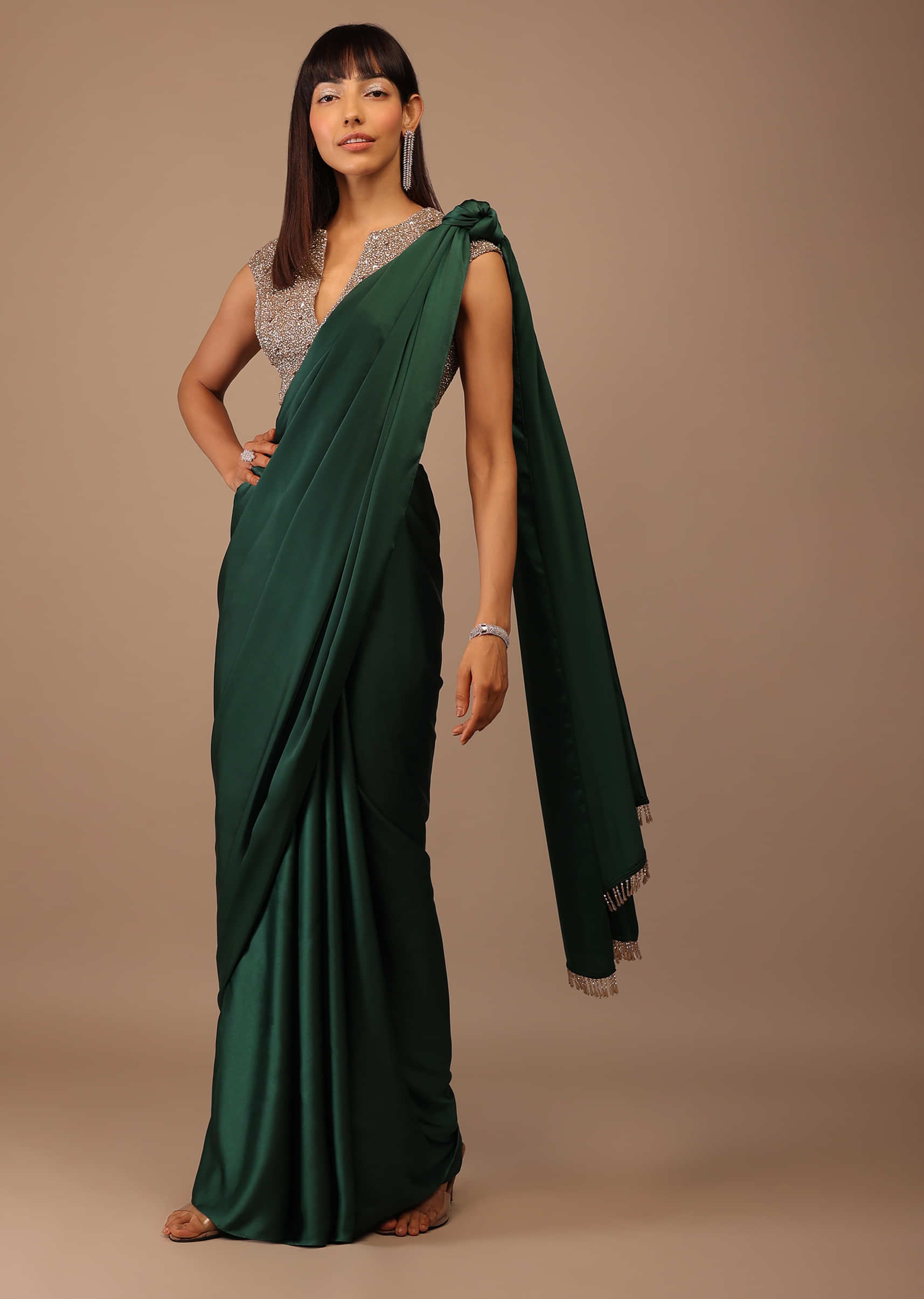 Deep Green Milano Satin Saree With V Neck Embroidered Crop Top