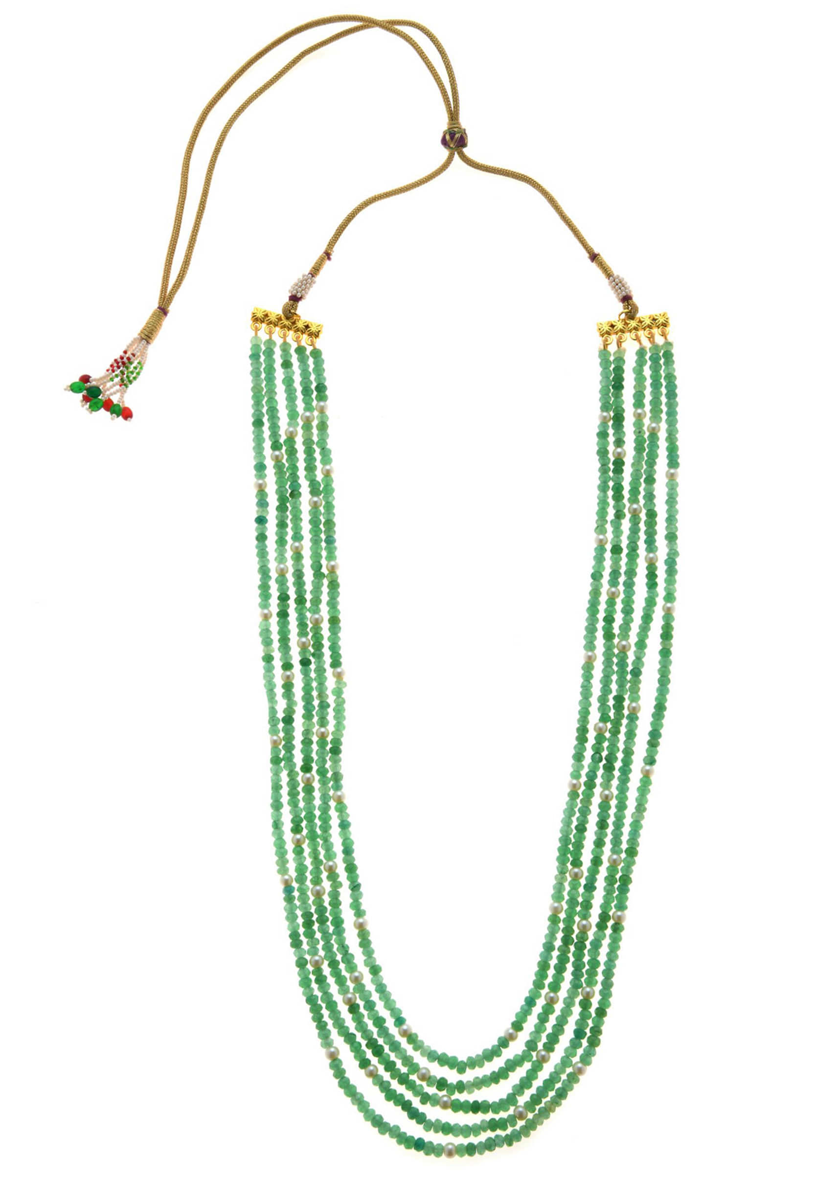 Green Necklace With Multiple Bead Strings And White Stone Accents