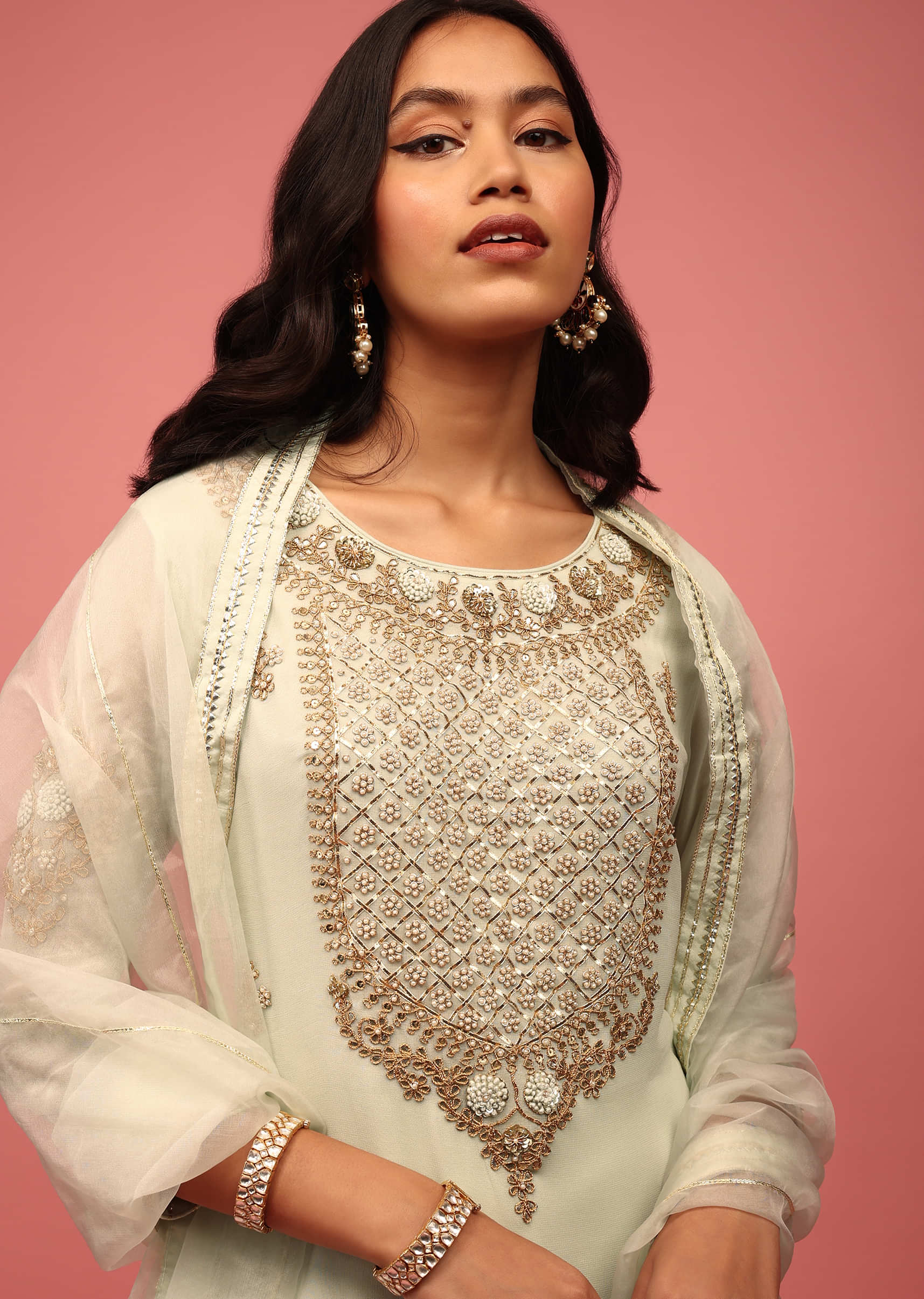 Light Green Palazzo Suit Hand Embroidered In Georgette With Zardosi, Sequins And Gotta Work