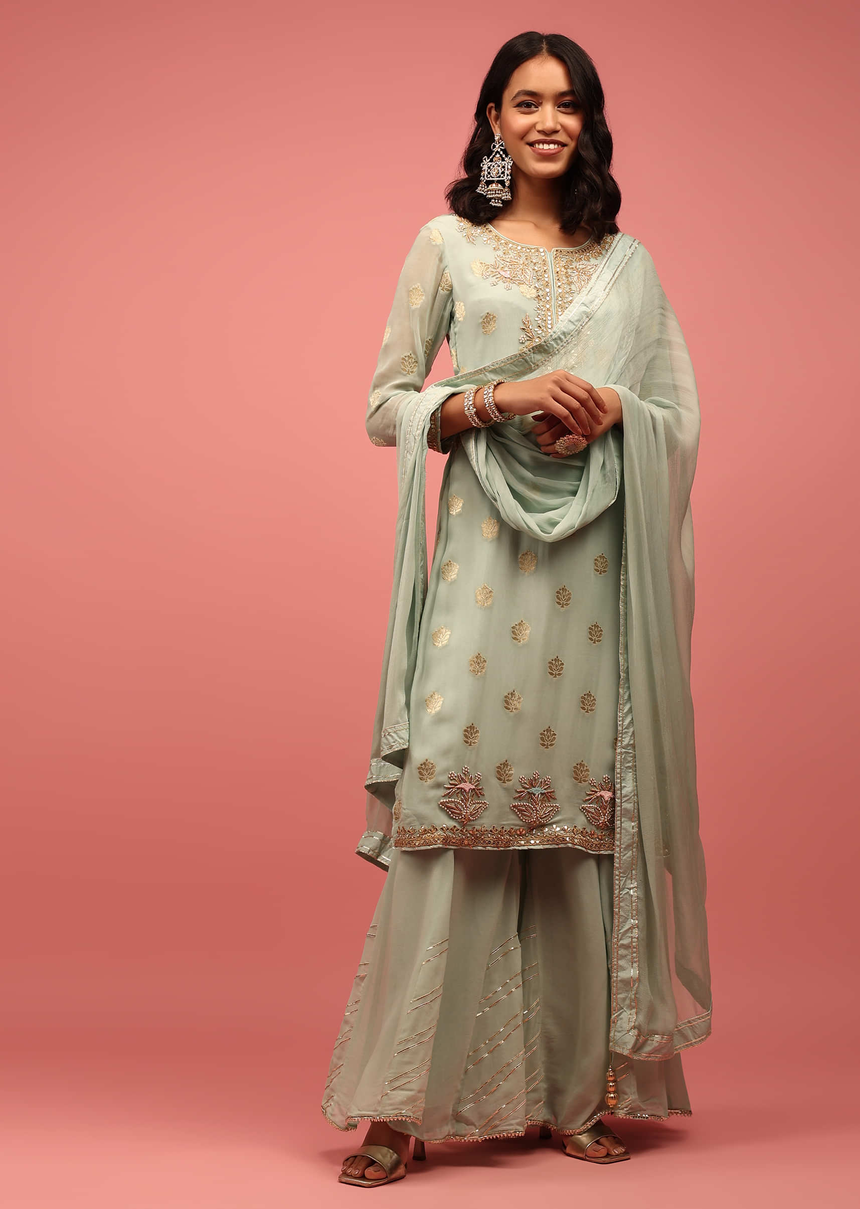 Light Green Palazzo Suit Set In Hand-Embellished Banarasi Georgette Crafted With Zardosi And Gotta Work