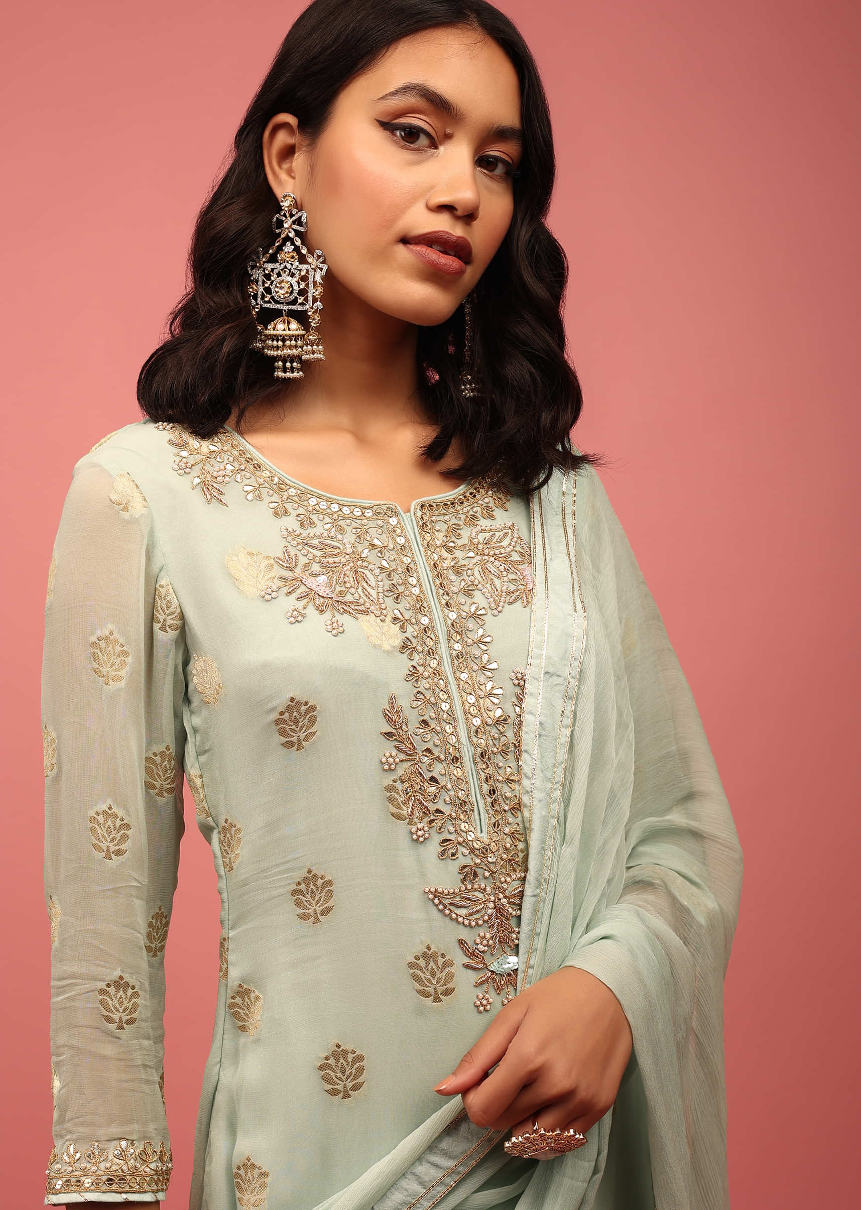 Light Green Palazzo Suit Set In Hand-Embellished Banarasi Georgette Crafted With Zardosi And Gotta Work