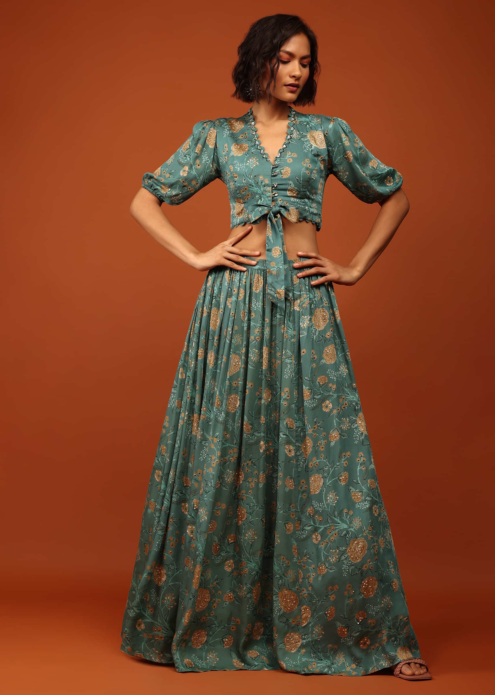 Turquoise Green Printed Blouse And Lehenga In V Neckline & Balloon Sleeves With Embellishment