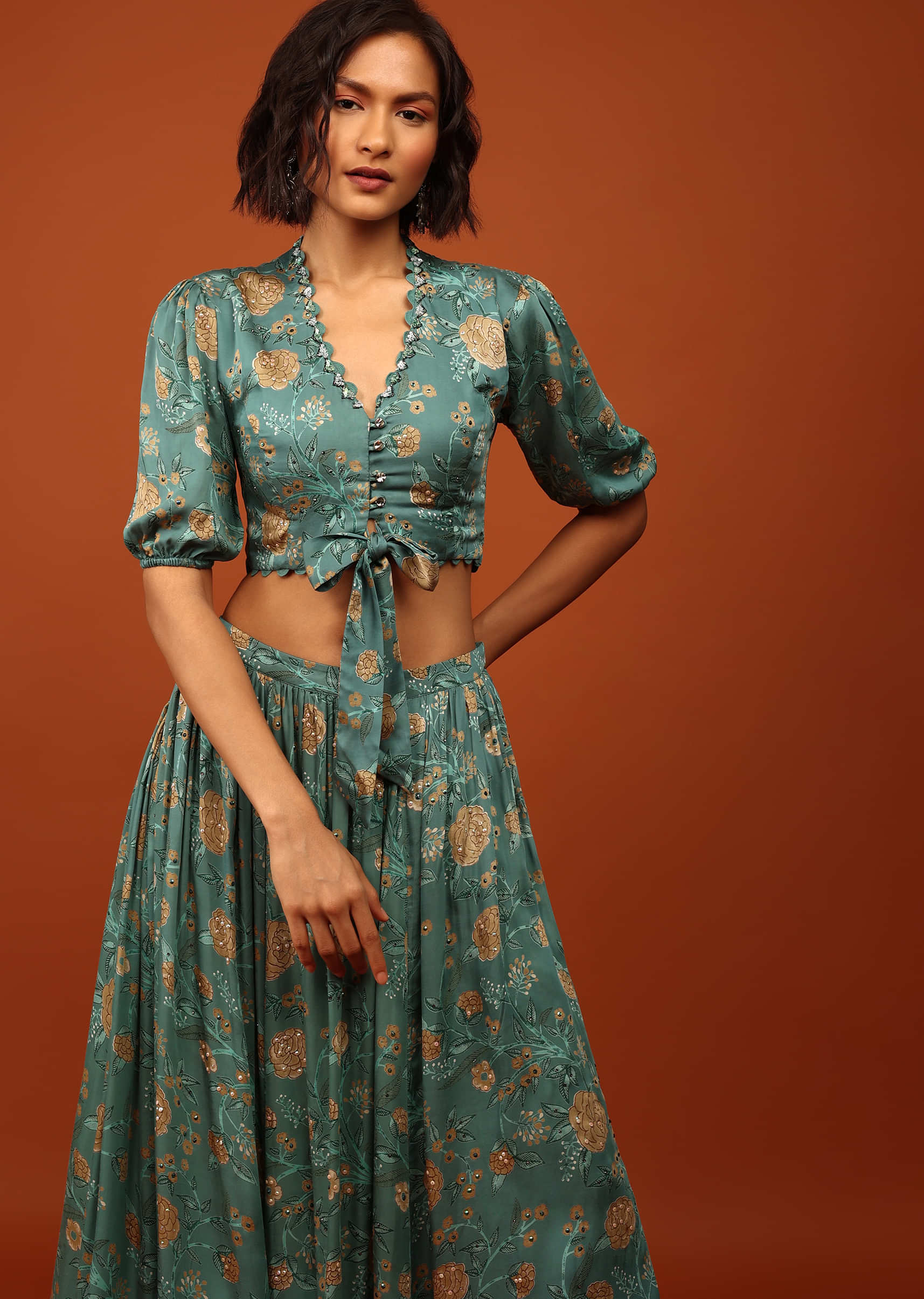 Turquoise Green Printed Blouse And Lehenga In V Neckline & Balloon Sleeves With Embellishment