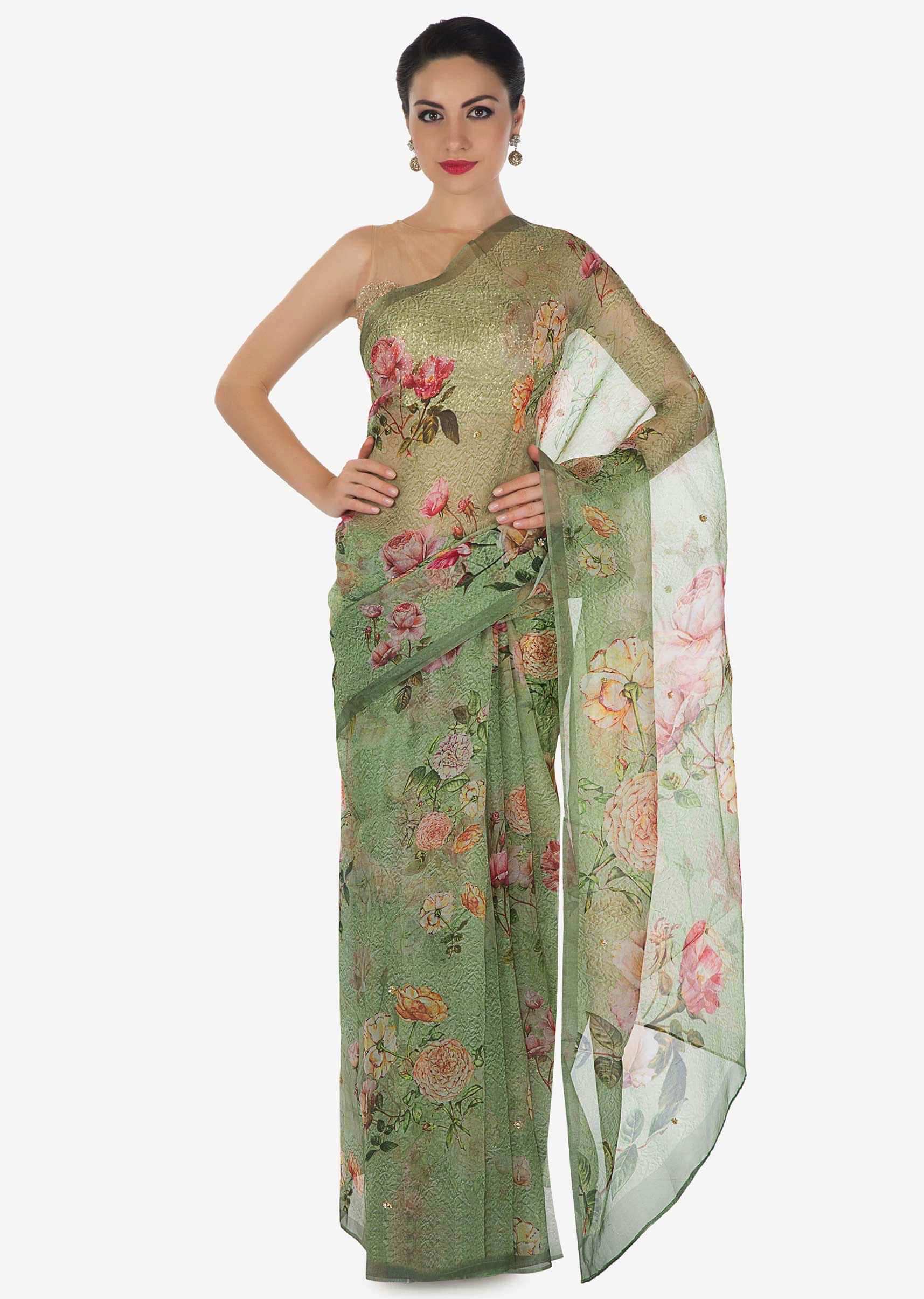 Green saree features in tissue silk with sequin embroidery only on Kalki