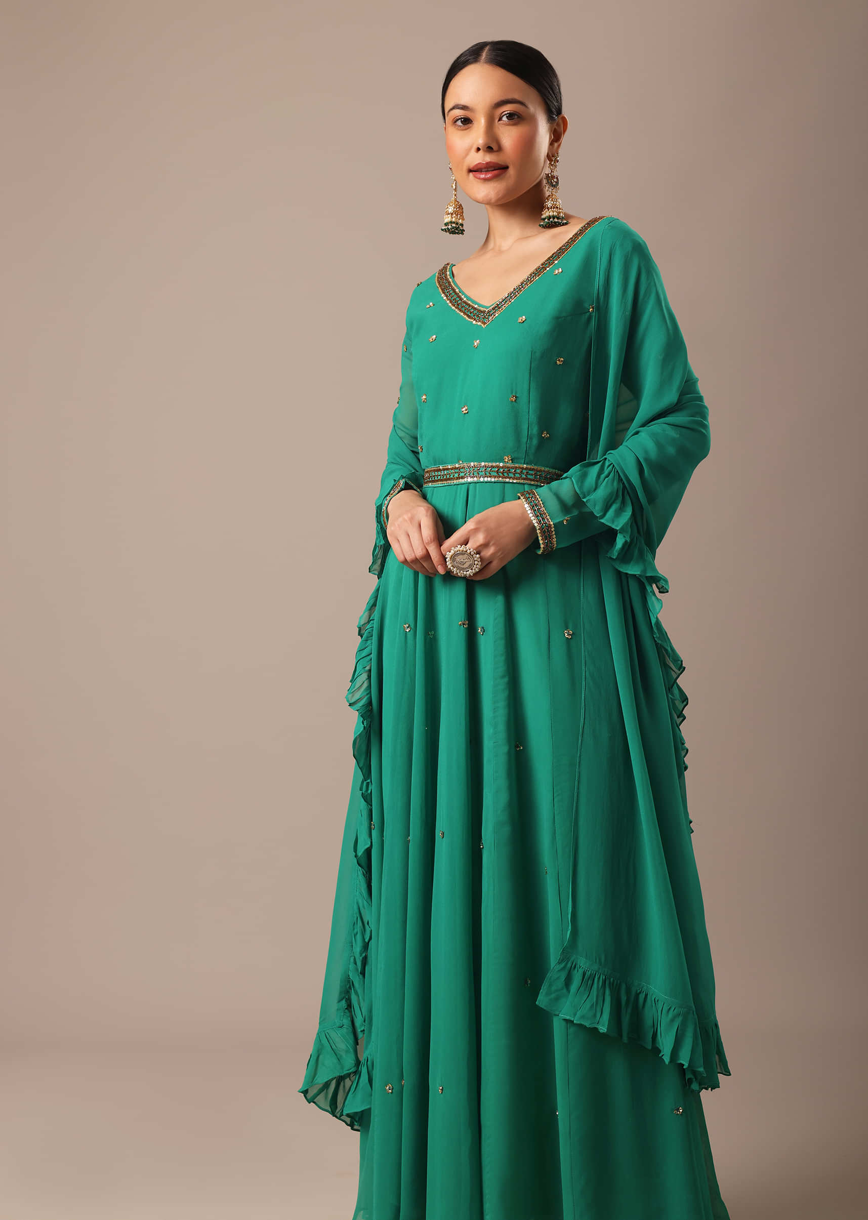Buy Green Sequin Work Anarkali Set With Embroidered Belt And Dupatta ...