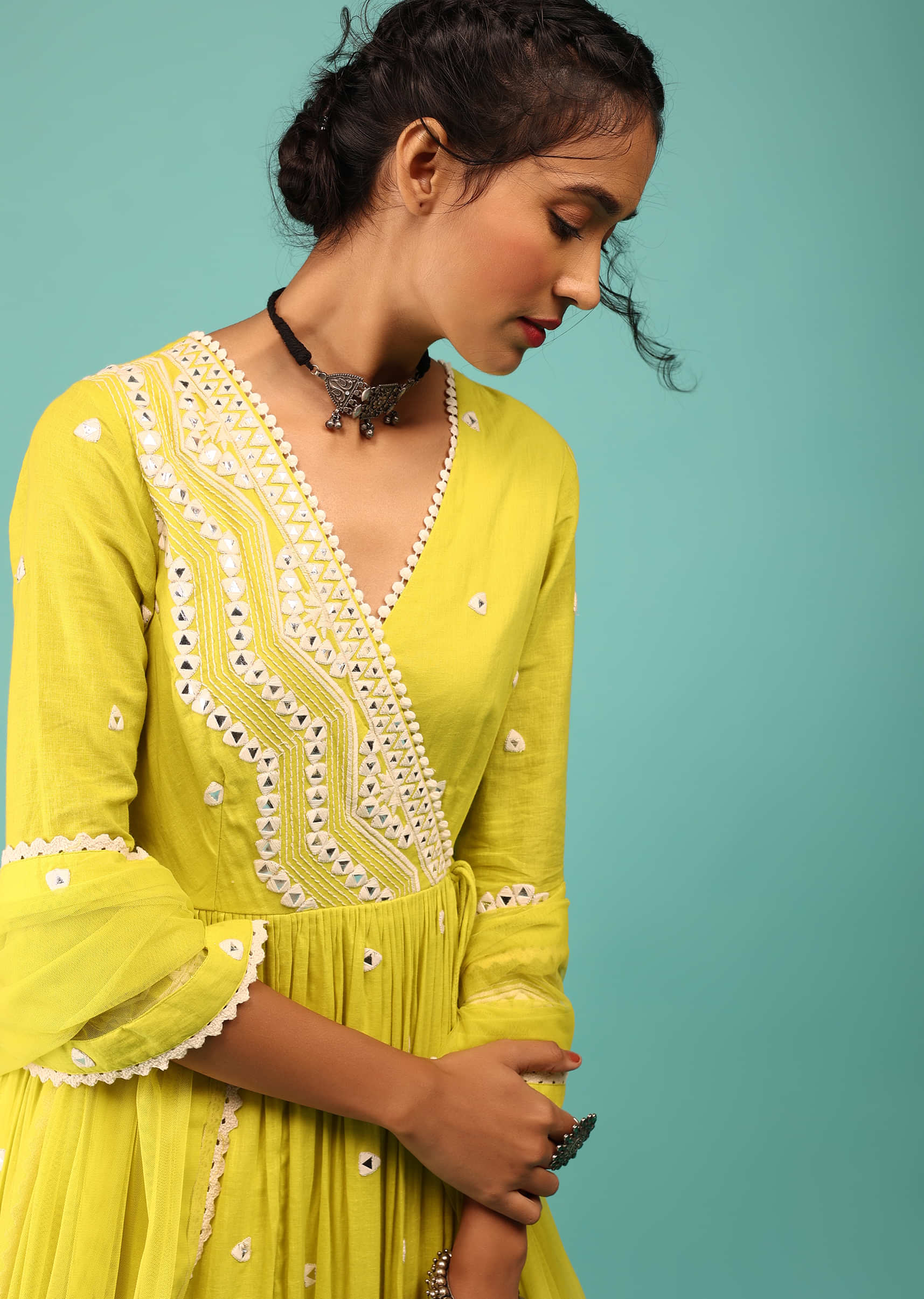 Lime Yellow Anarkali Kurta In Lucknowi Geometric Embroidery With Angrakha Pattern & Bottom Frill
