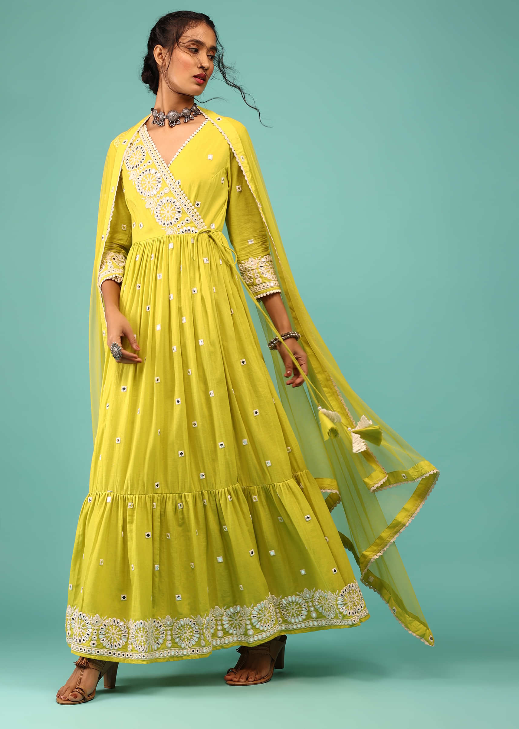 Lime Yellow Anarkali Kurta In Lucknowi Floral Embroidery With Angrakha Pattern & Surplice Neckline