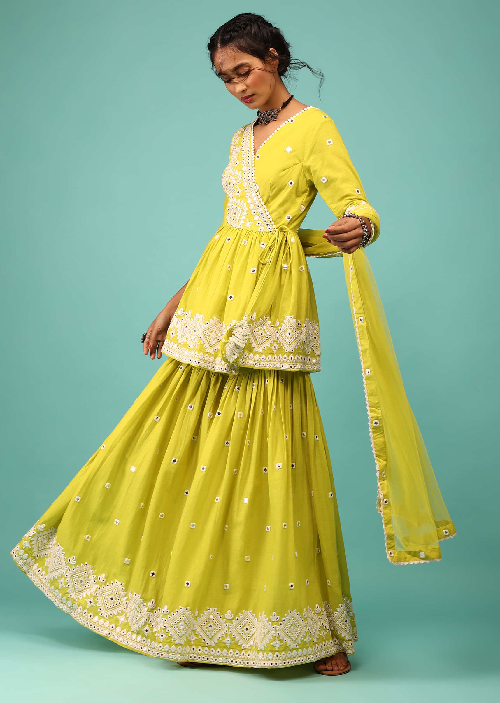 Lime Yellow Sharara Suit In Cotton With Angarakha Peplum Top & Lucknowi Embroidery