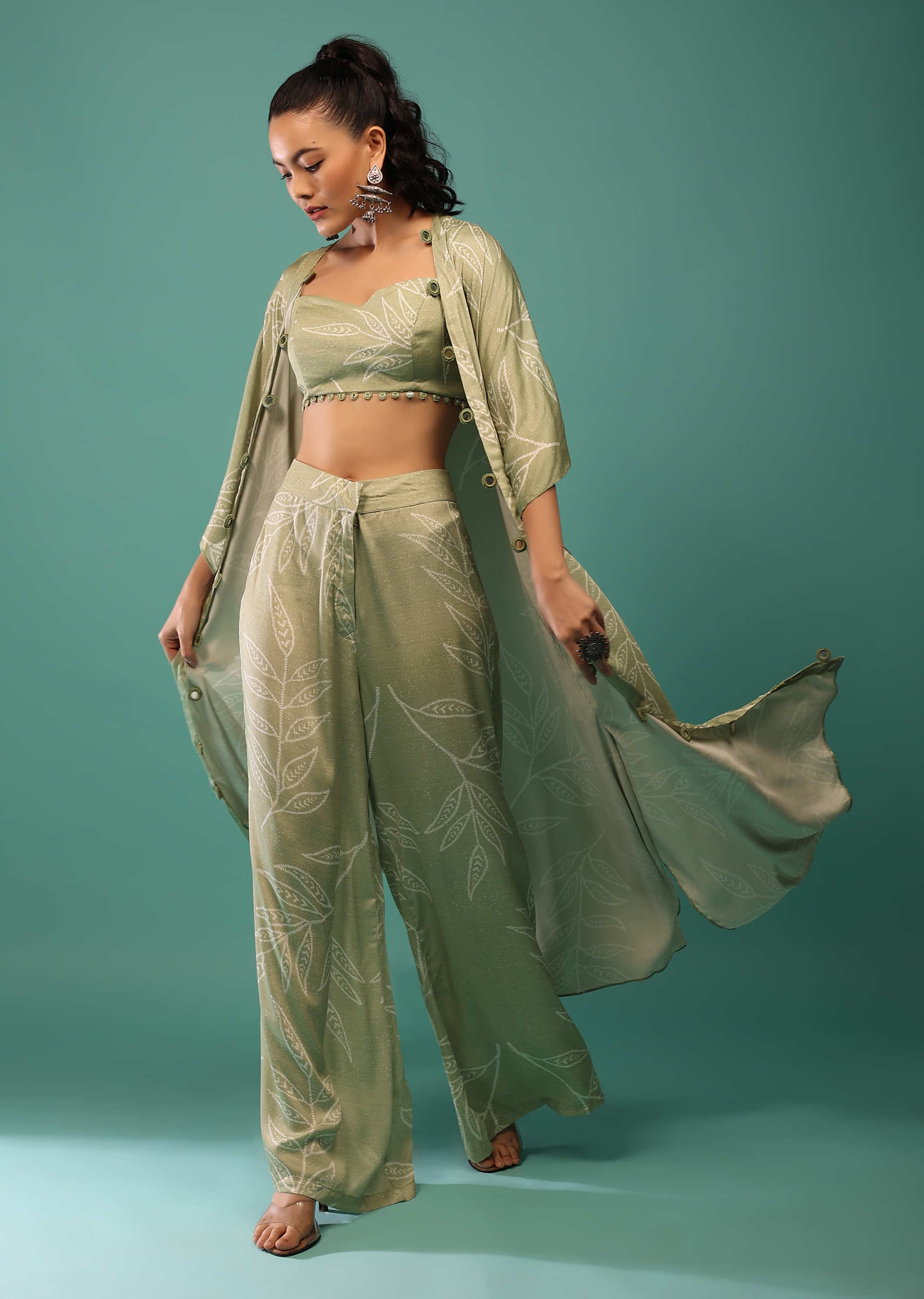 Green Shrug With Blouse And Pallazo Pants In Mirror Work