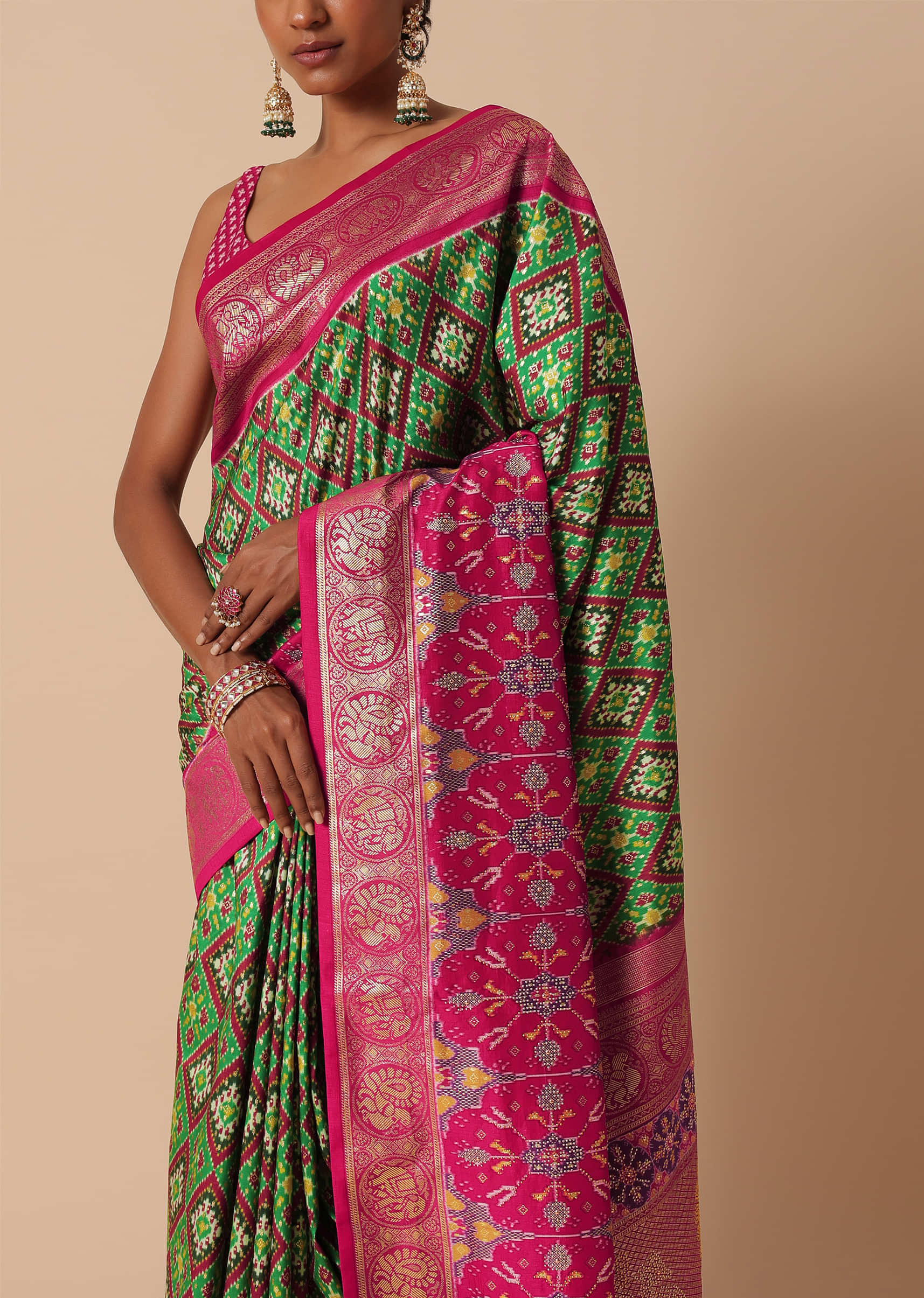Buy Green Silk Printed Saree With Foil Detail Pallu And Unstitched ...