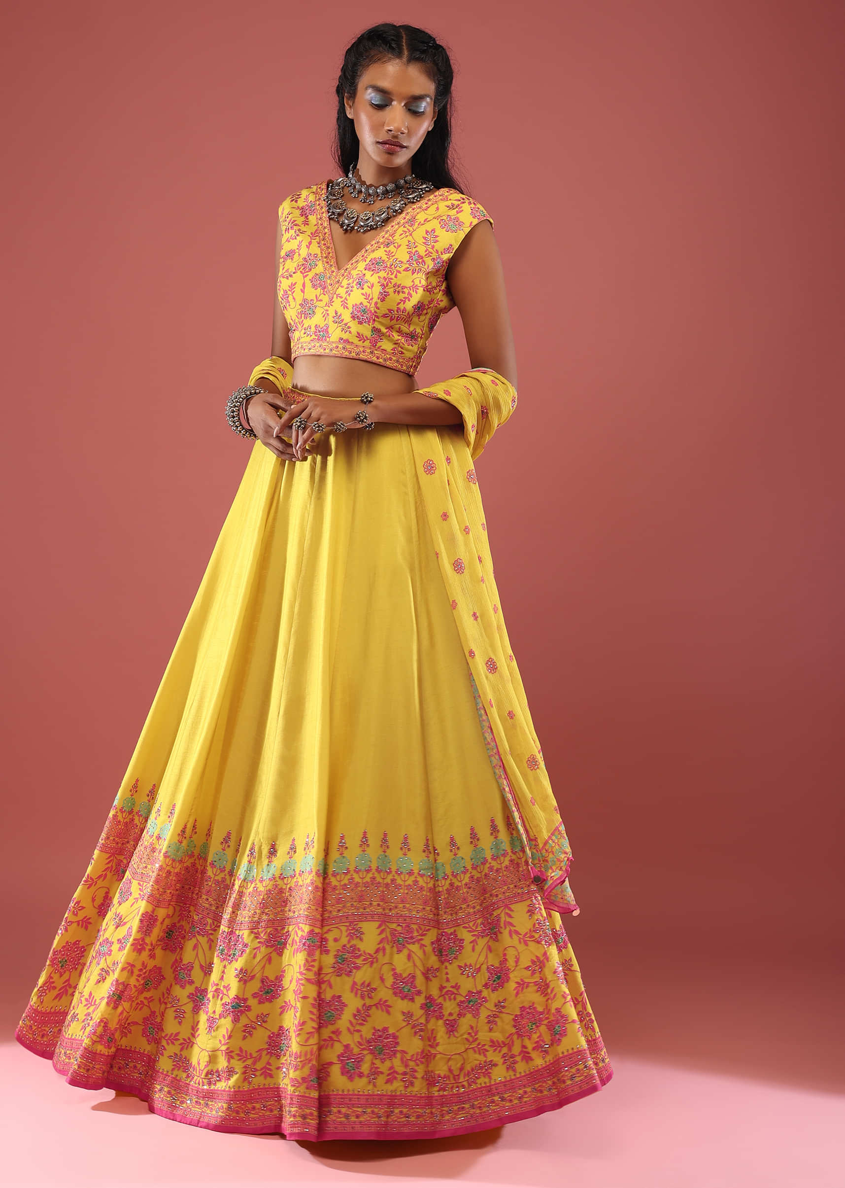Canary Yellow Sleeveless Blouse With Colourful Stone Embellishments Paired With A Flowy Skirt