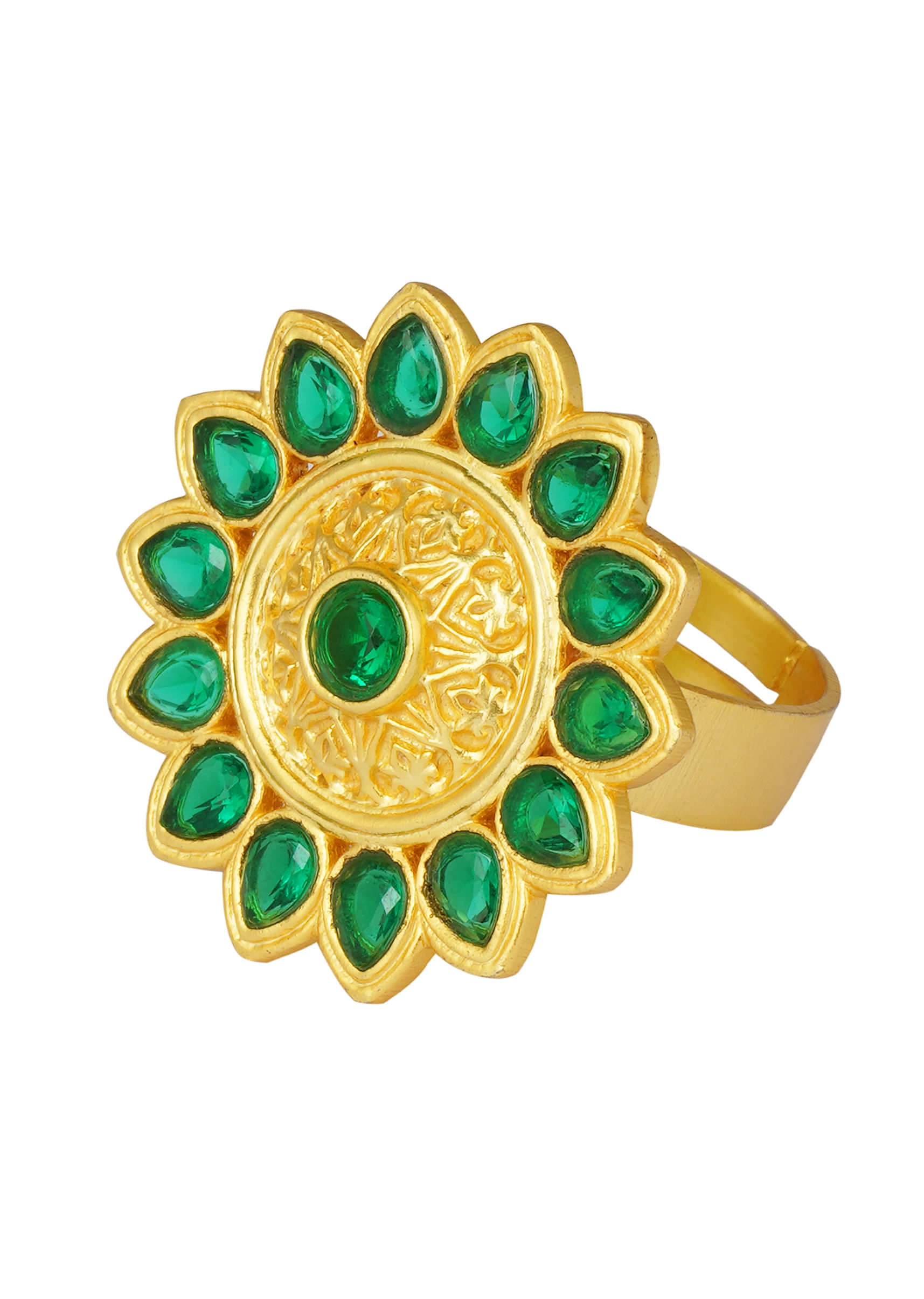 Green Stone Studded Ring Floral Design With 22Kt Gold Plating By Zariin