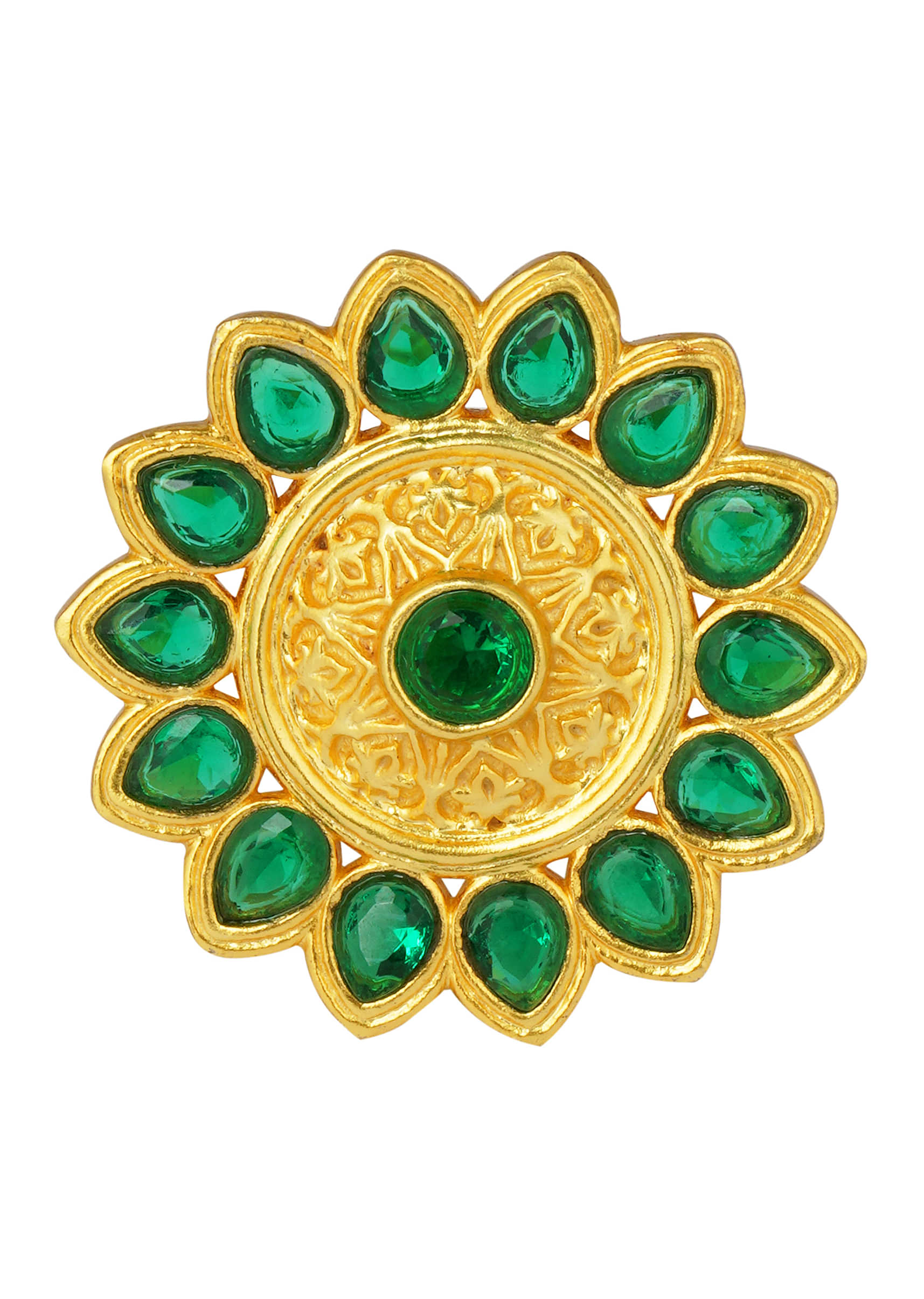 Green Stone Studded Ring Floral Design With 22Kt Gold Plating By Zariin