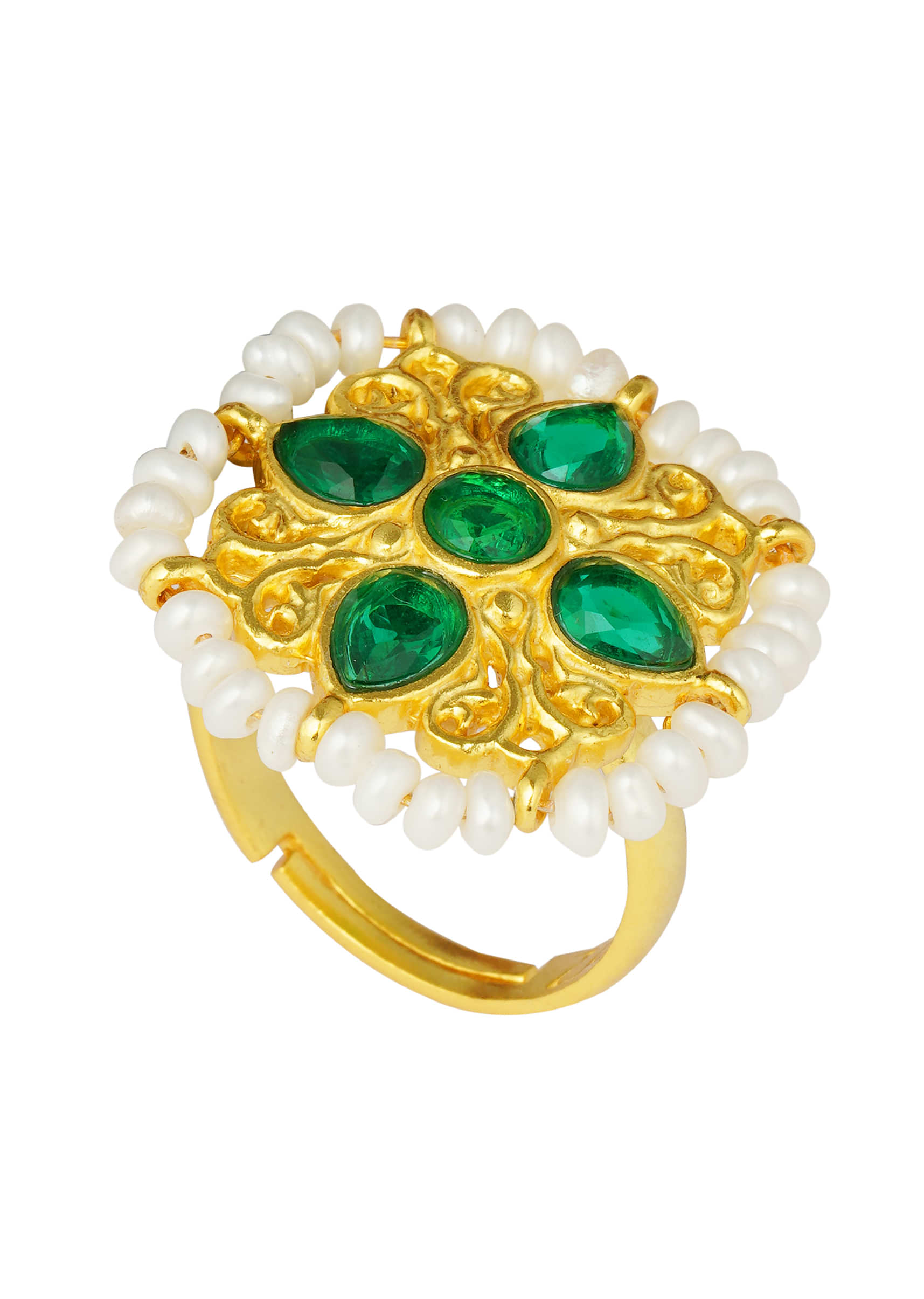 Green Stone Studded Ring In Four Petal Design With Pearls Around The Edge By Zariin
