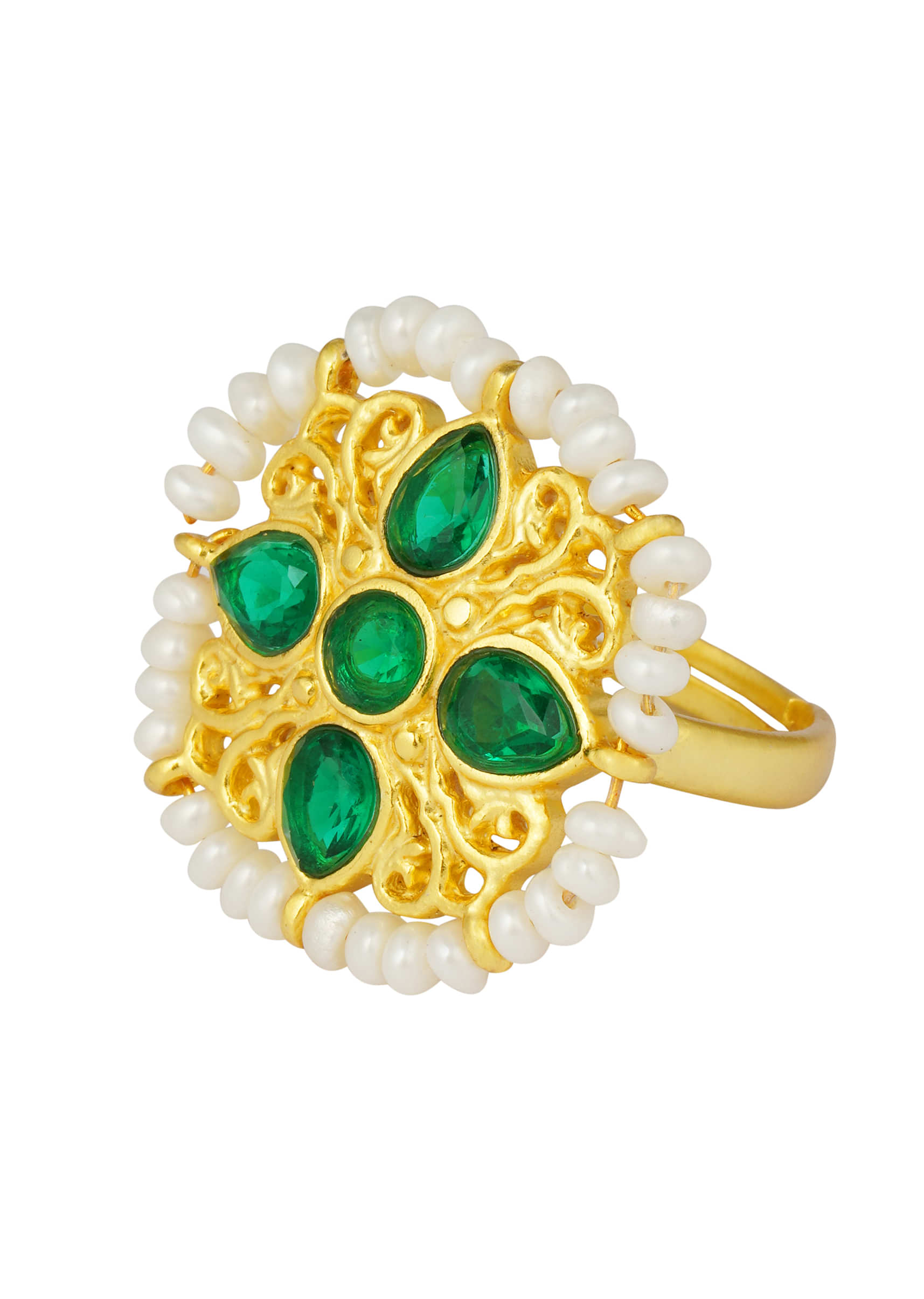 Green Stone Studded Ring In Four Petal Design With Pearls Around The Edge By Zariin