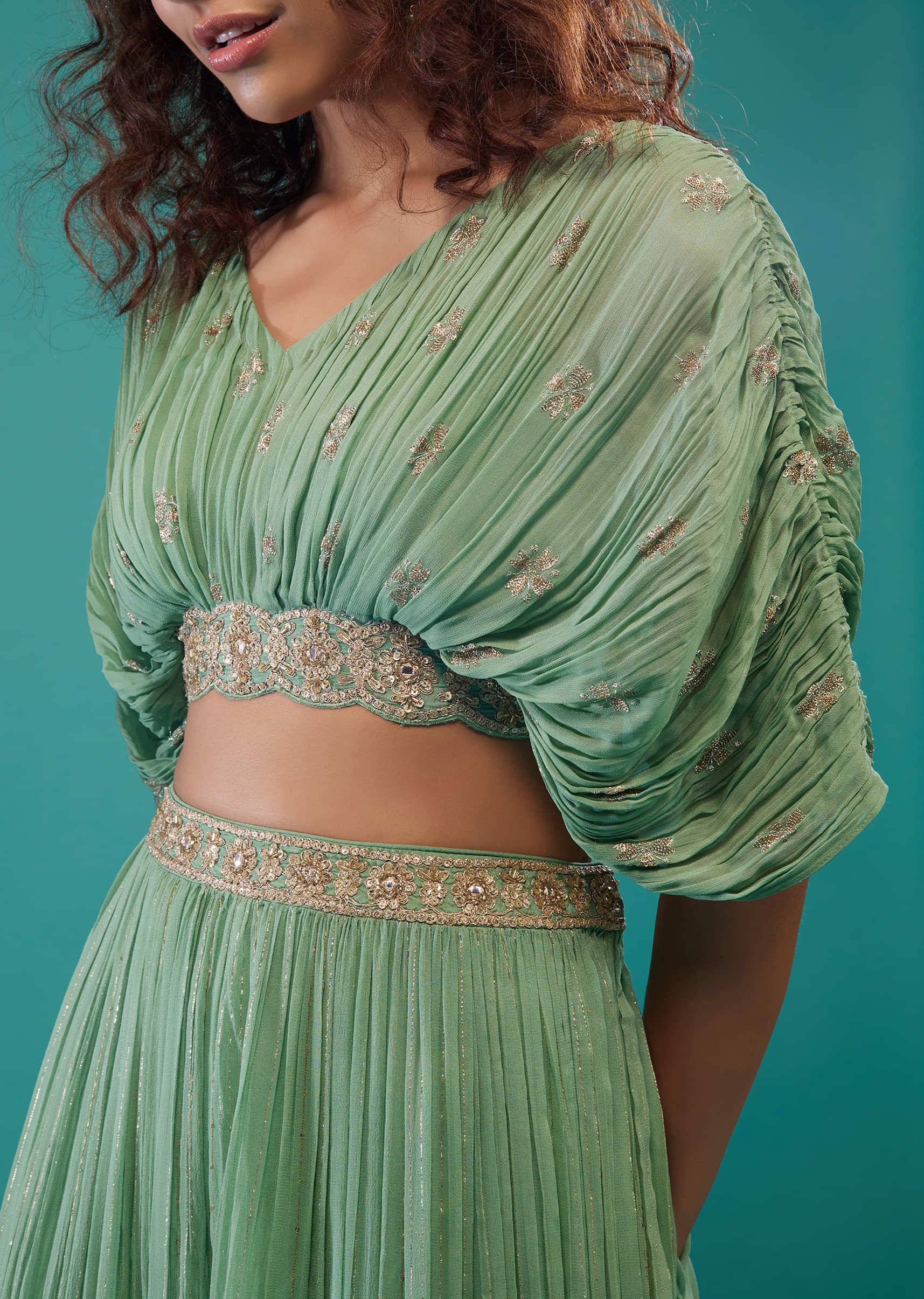 Pista Green Hand-Embroidered Palazzo Crop-Top Set In Georgette