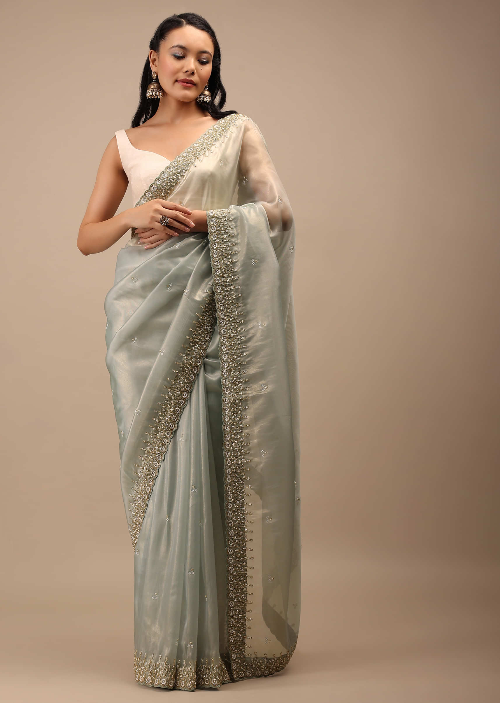 Green Tint Organza Saree In White Moti Cut Dana, And Beads Embroidery Buttis, Leafy Embroidery Detailing On The Border