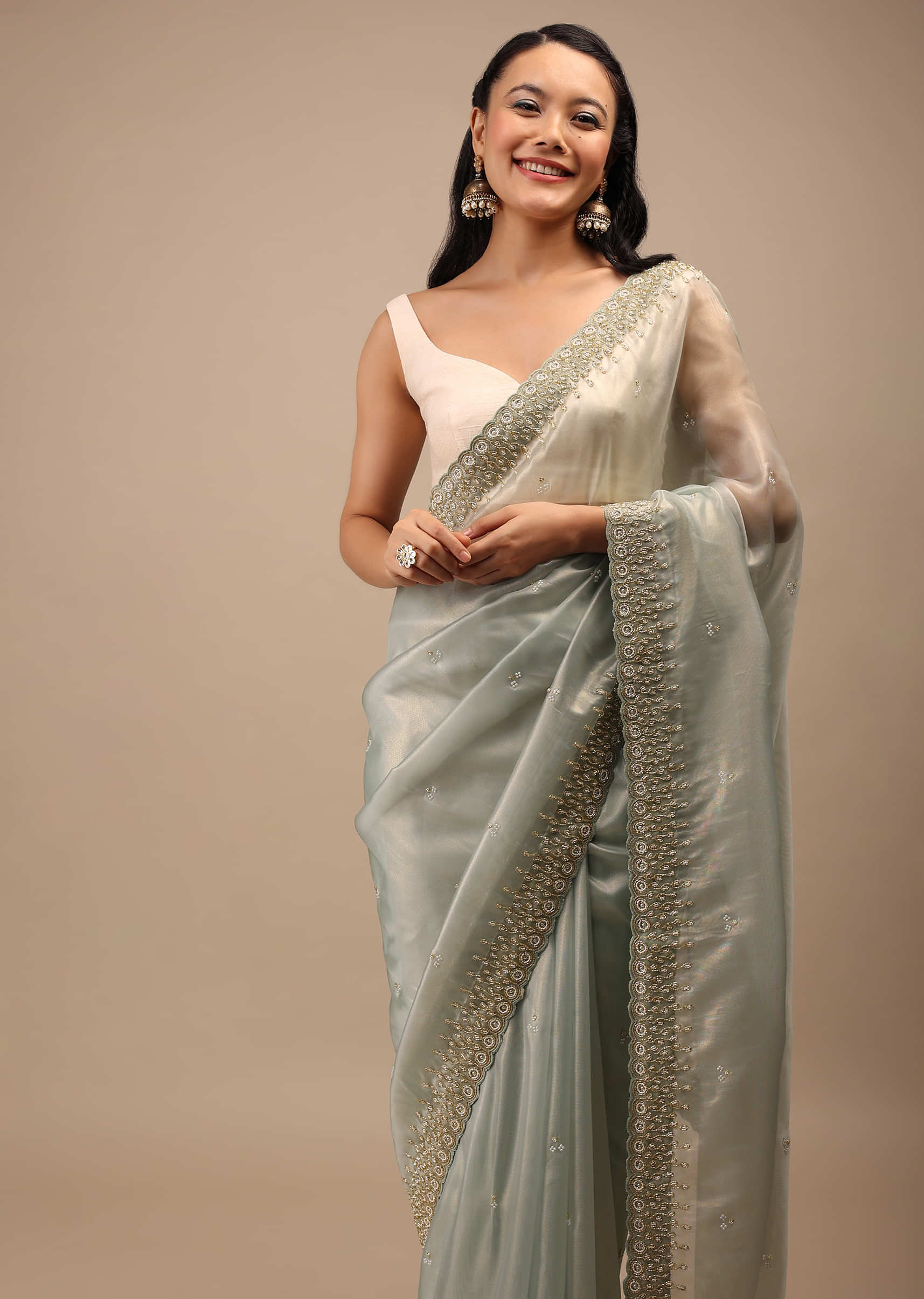 Green Tint Organza Saree In White Moti Cut Dana, And Beads Embroidery Buttis, Leafy Embroidery Detailing On The Border
