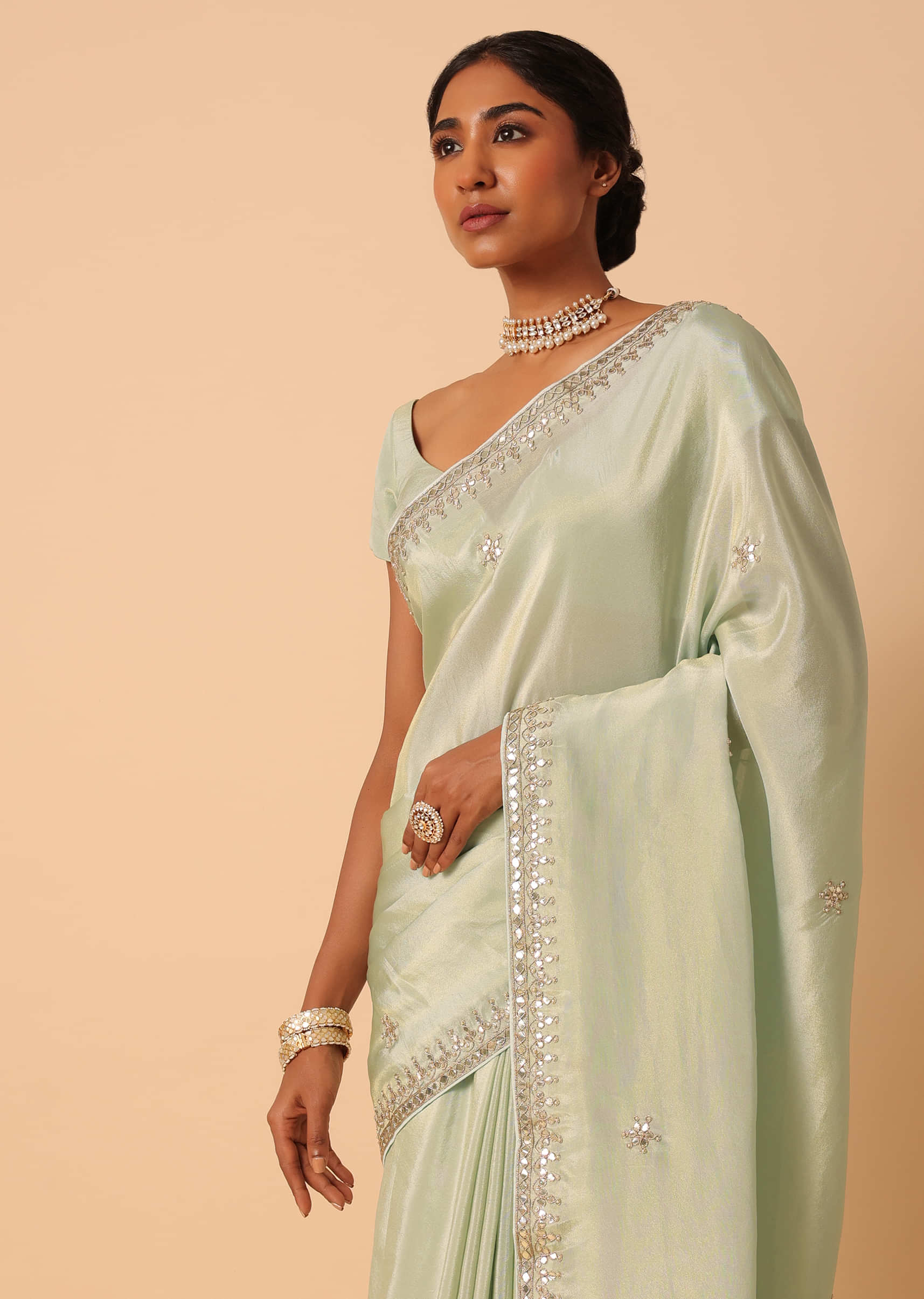 Buy Green Tissue Silk Saree With Gota Patti Work And Unstitched