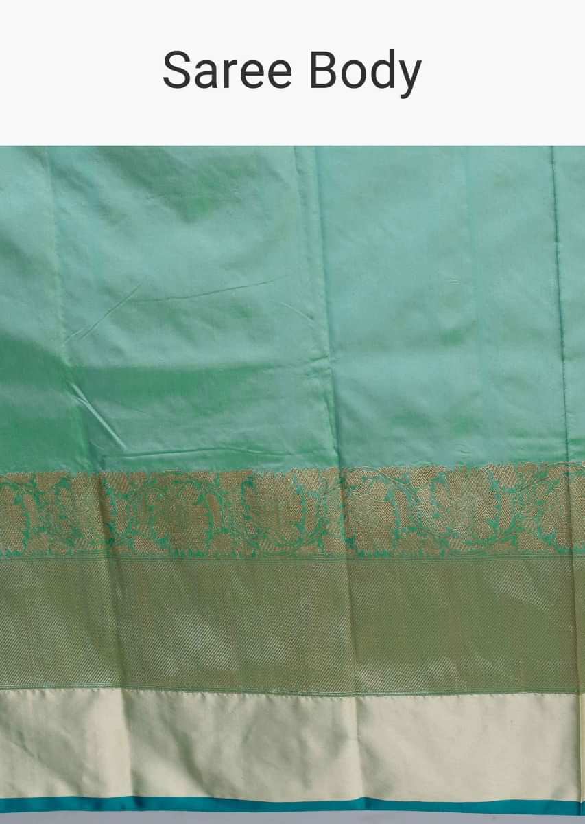 Greenish blue chanderi silk saree with brocade border only on Kalki