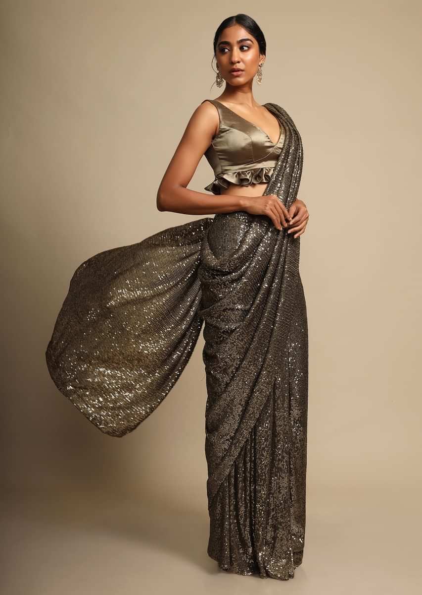 Greenish Gold Saree Embellished In Sequins With Ready Stitched Pleats  