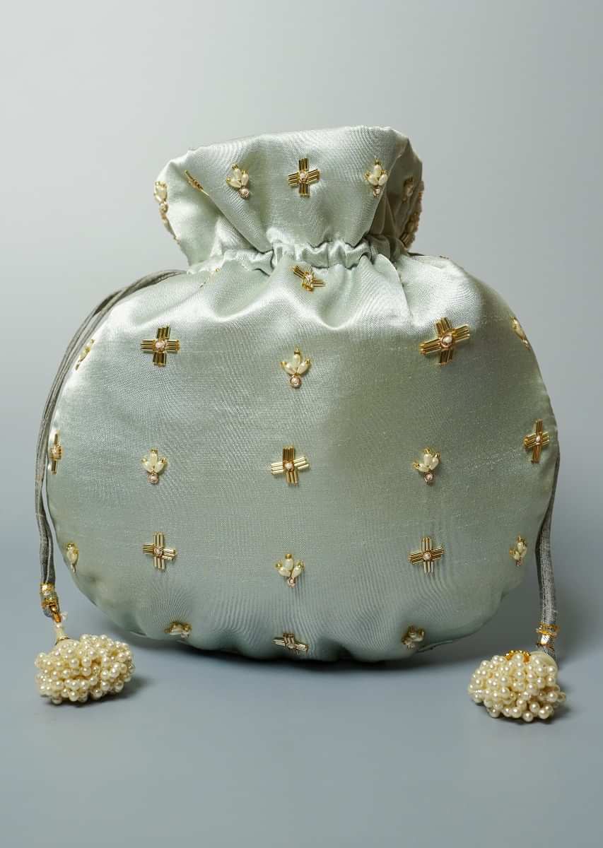 Greenish Grey Potli Bag In Satin Silk With Cut Dana And Beads Embroidered Jaal