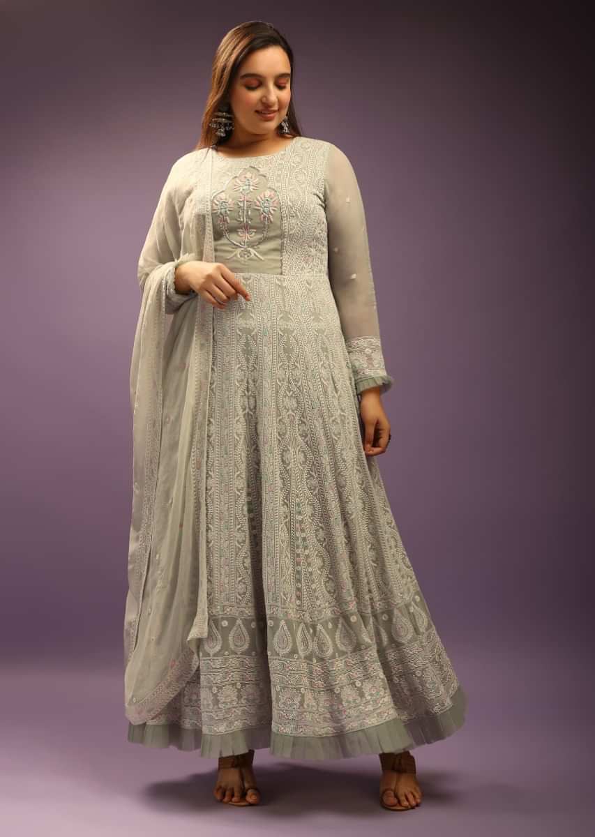 Fog Green Anarkali Suit With Zardozi Embroidered Motif and Lucknowi Thread Work