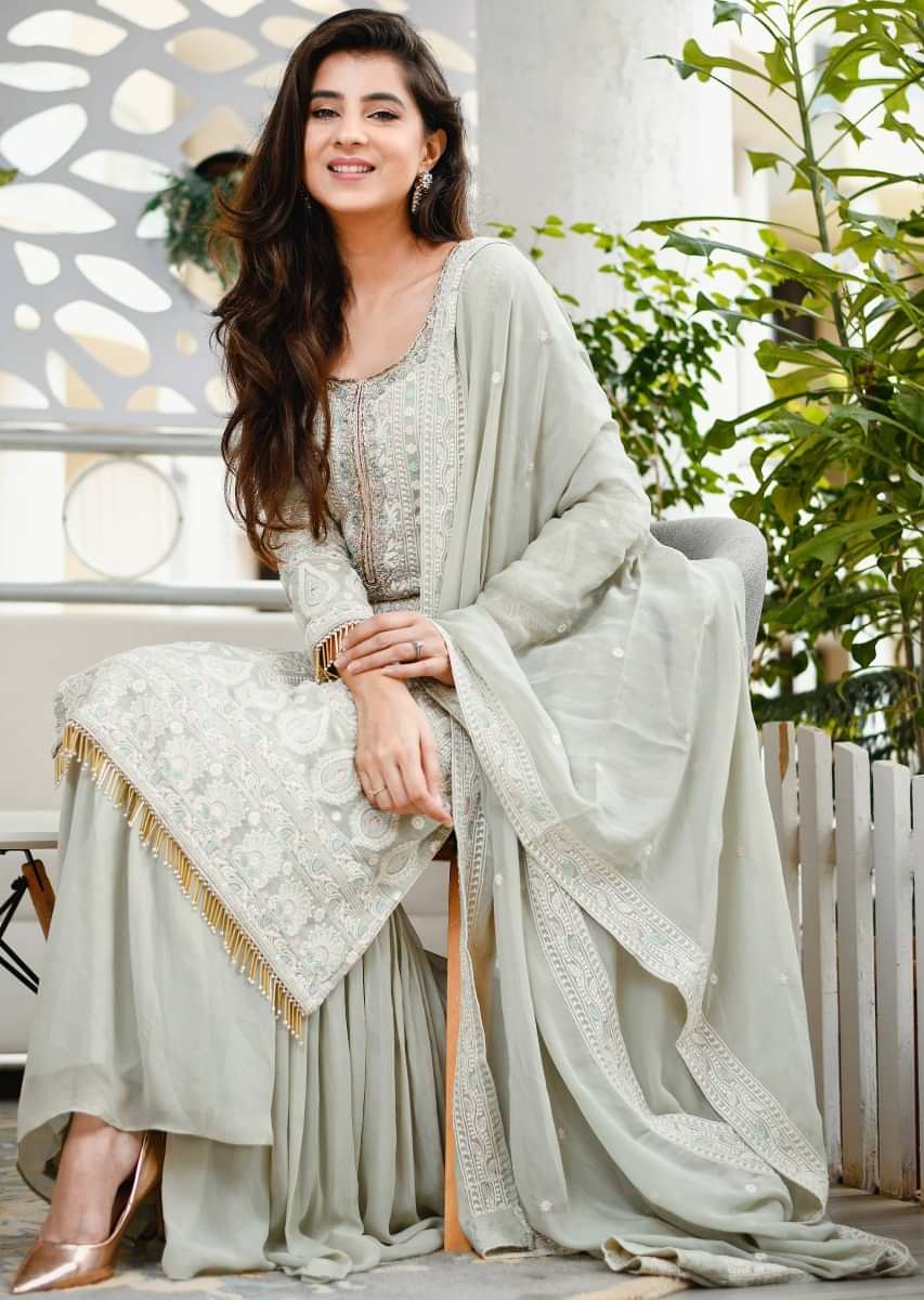 Greenish Grey Sharara Suit With Lucknowi Thread Embroidery And Tassel Sleeves
