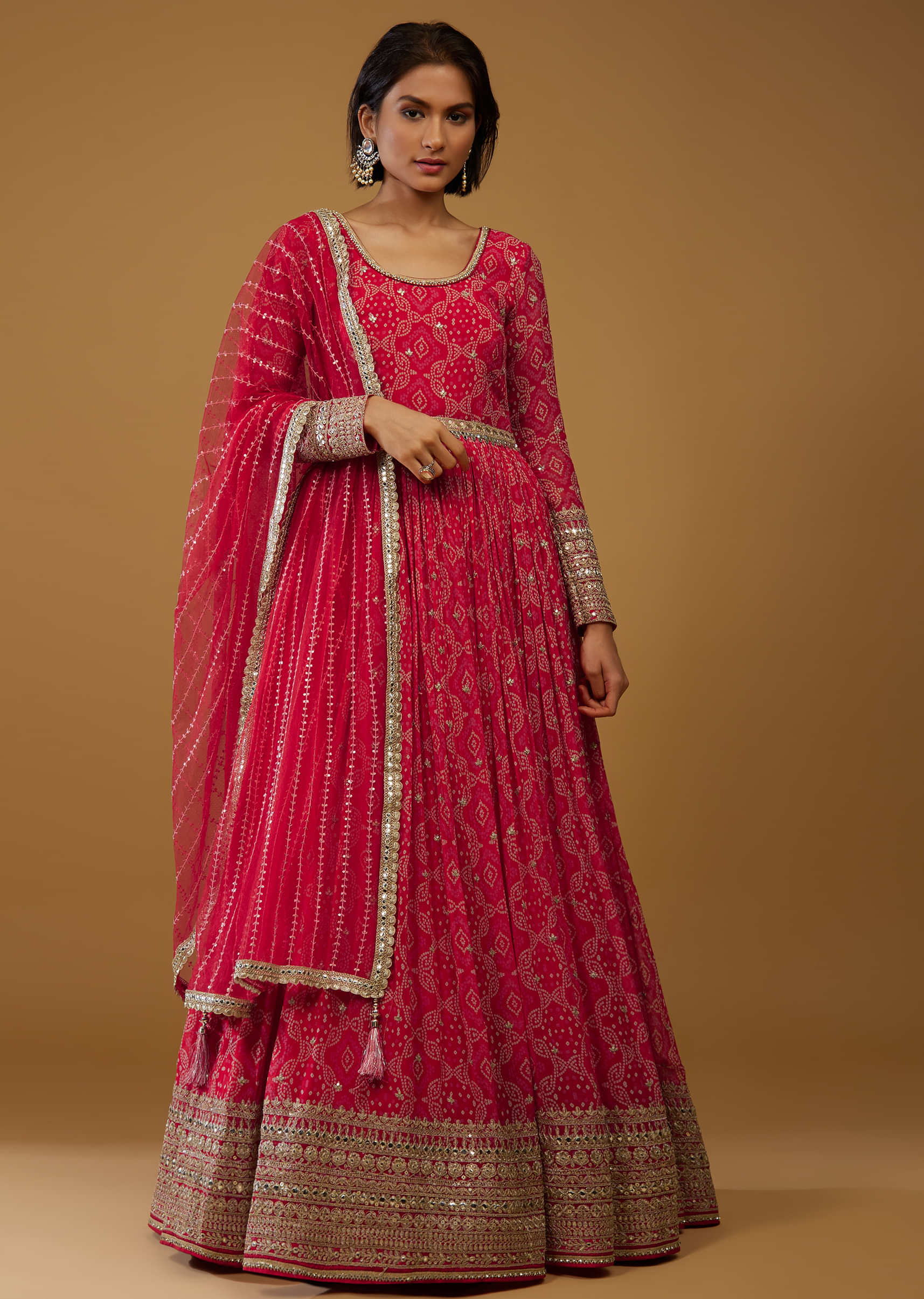 Valentine Red Anarkali Suit With Bandhani Print And Embroidery