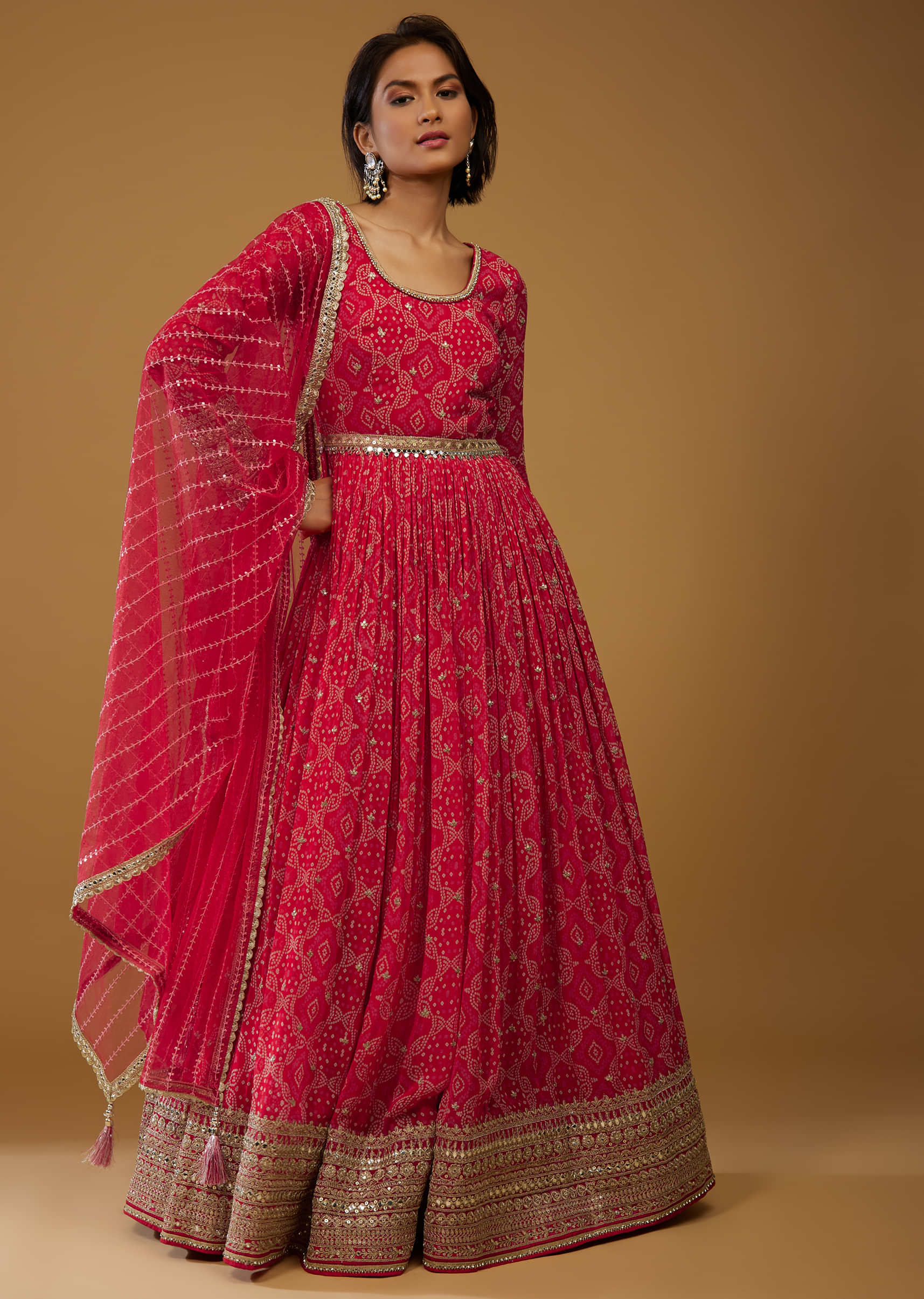 Valentine Red Anarkali Suit With Bandhani Print And Embroidery