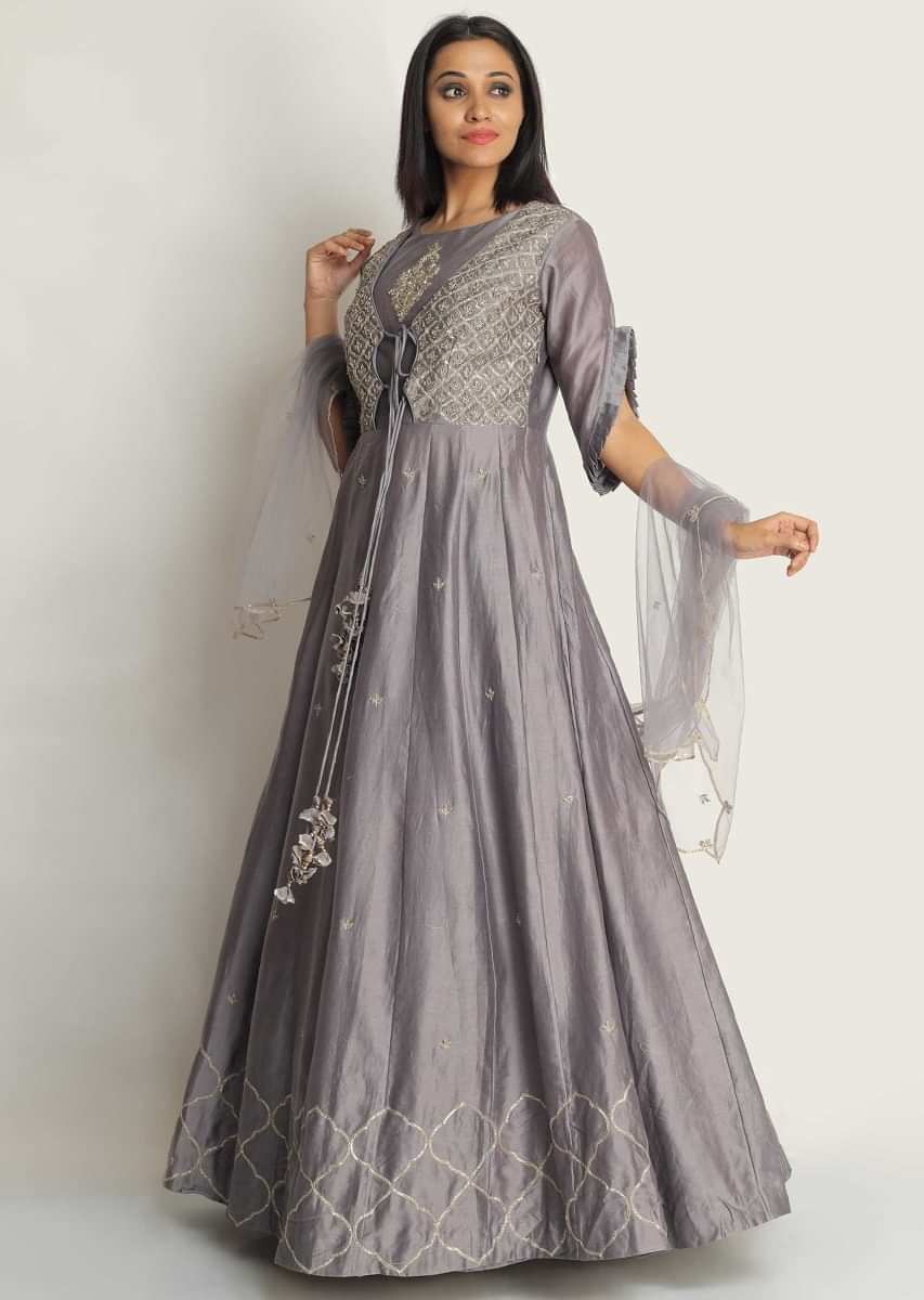 Grey anarkali top featuring with lehenga adorn in pita zari and sequin embroidery
