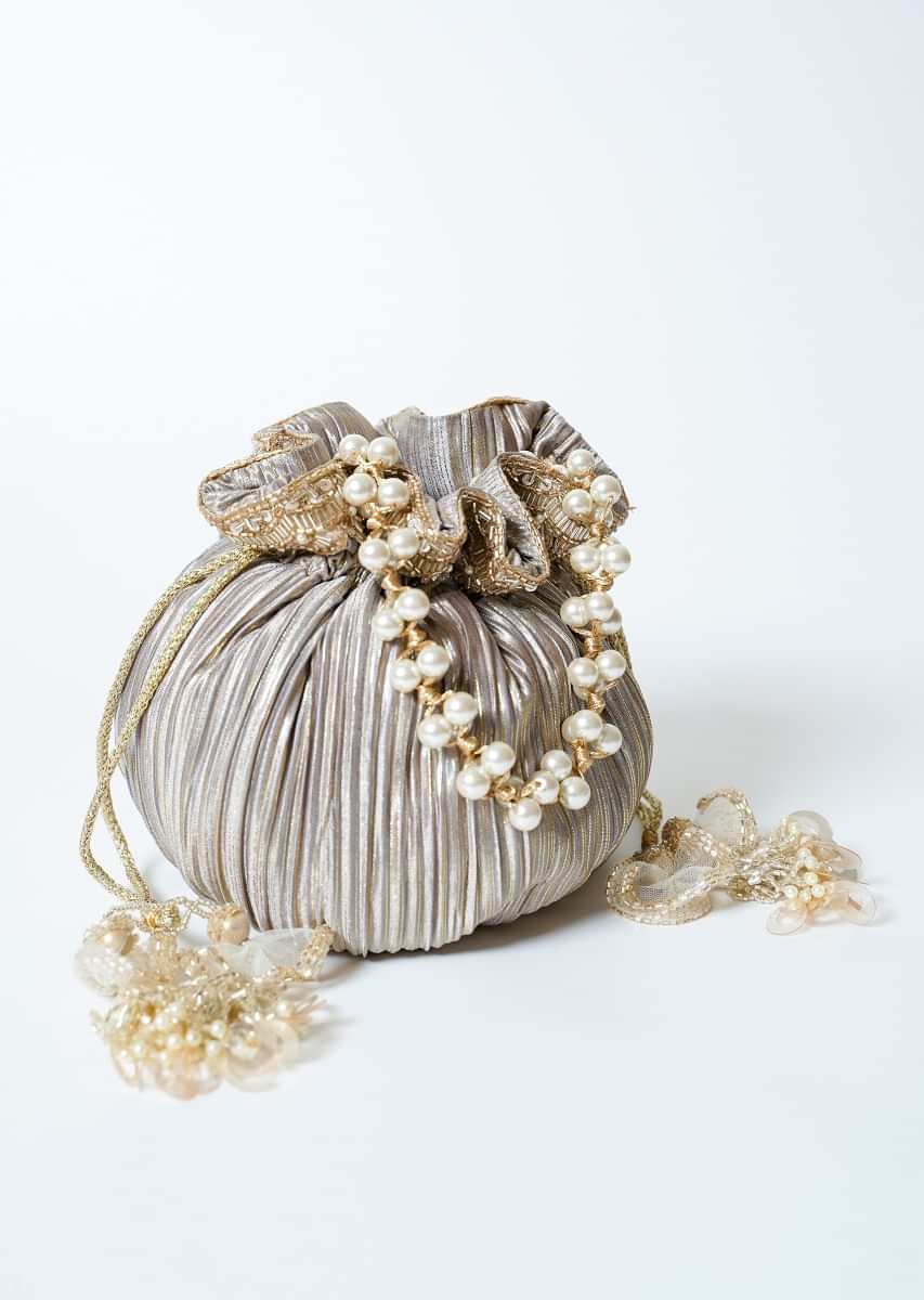Grey And Golden Potli Bag In Crushed Fabric With Cut Dana Tassels And Handle By Solasta