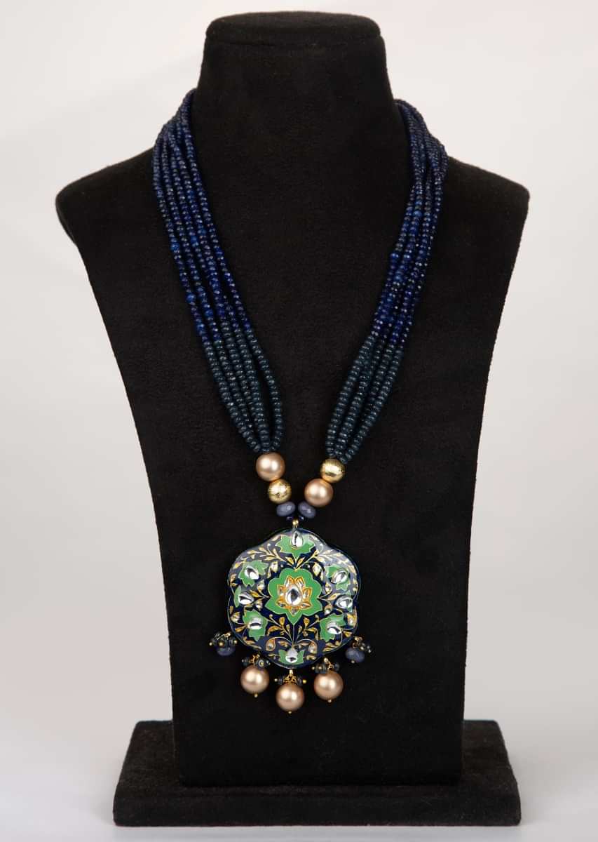 Grey and indigo blue shaded multi string necklace with semi precious stone pendant