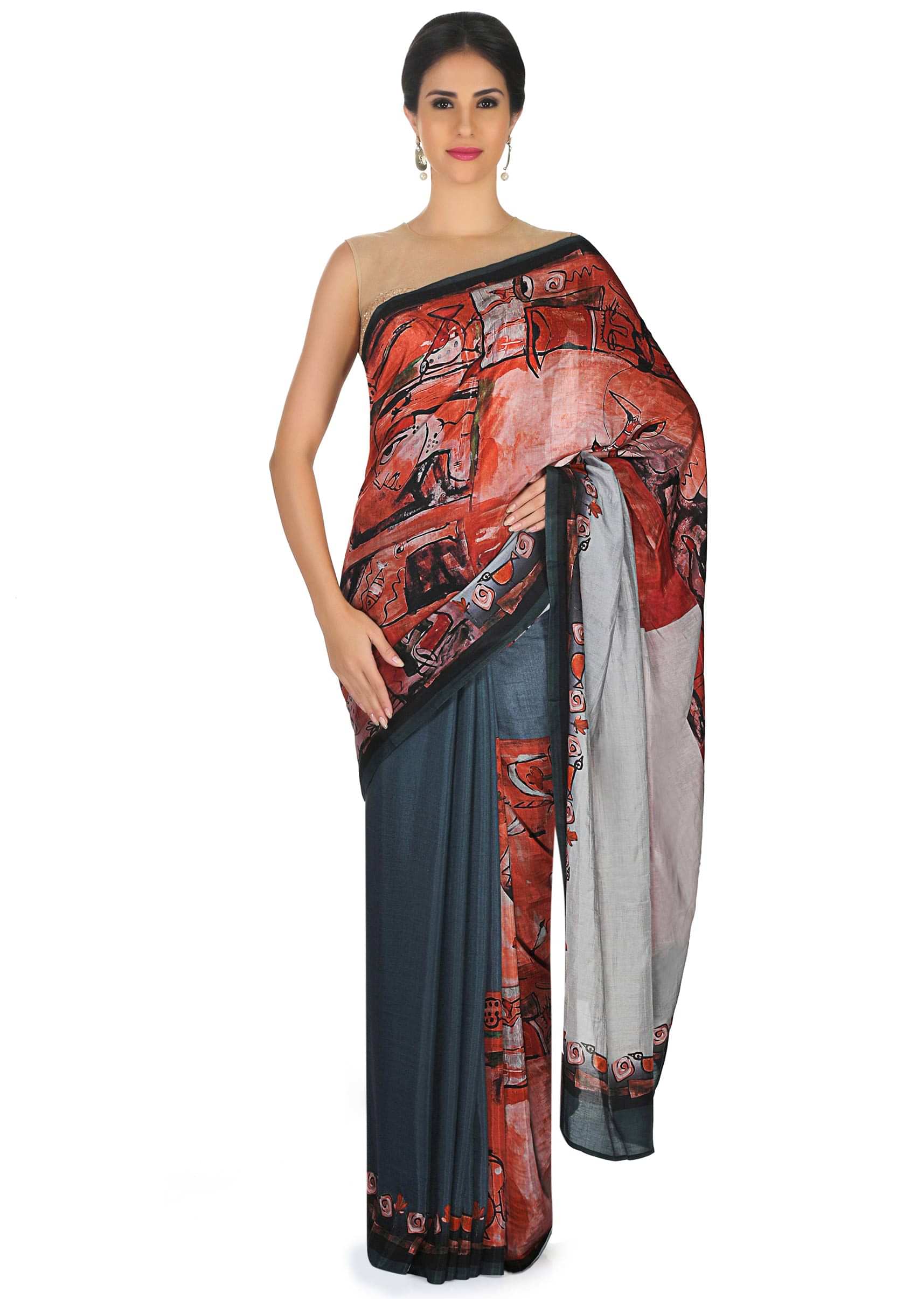 Grey and rust saree in cotton silk with face and bird print only on Kalki