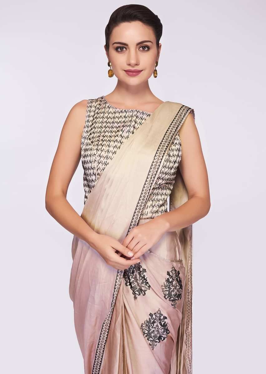 Grey beige satin saree gown with heavy kundan embroidered bodice 