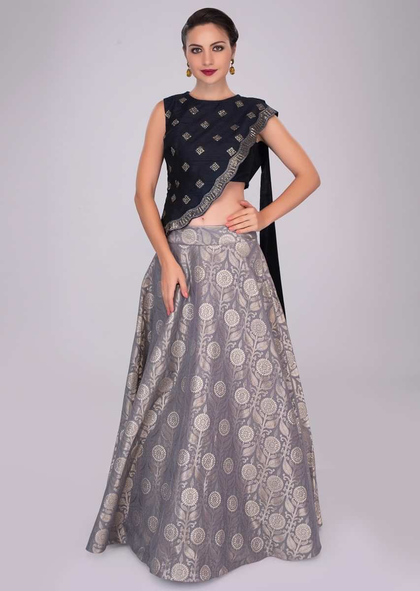 Buy Silky Bindra Grey Mirror Embellished Net Lehenga Set Online | Aza  Fashions