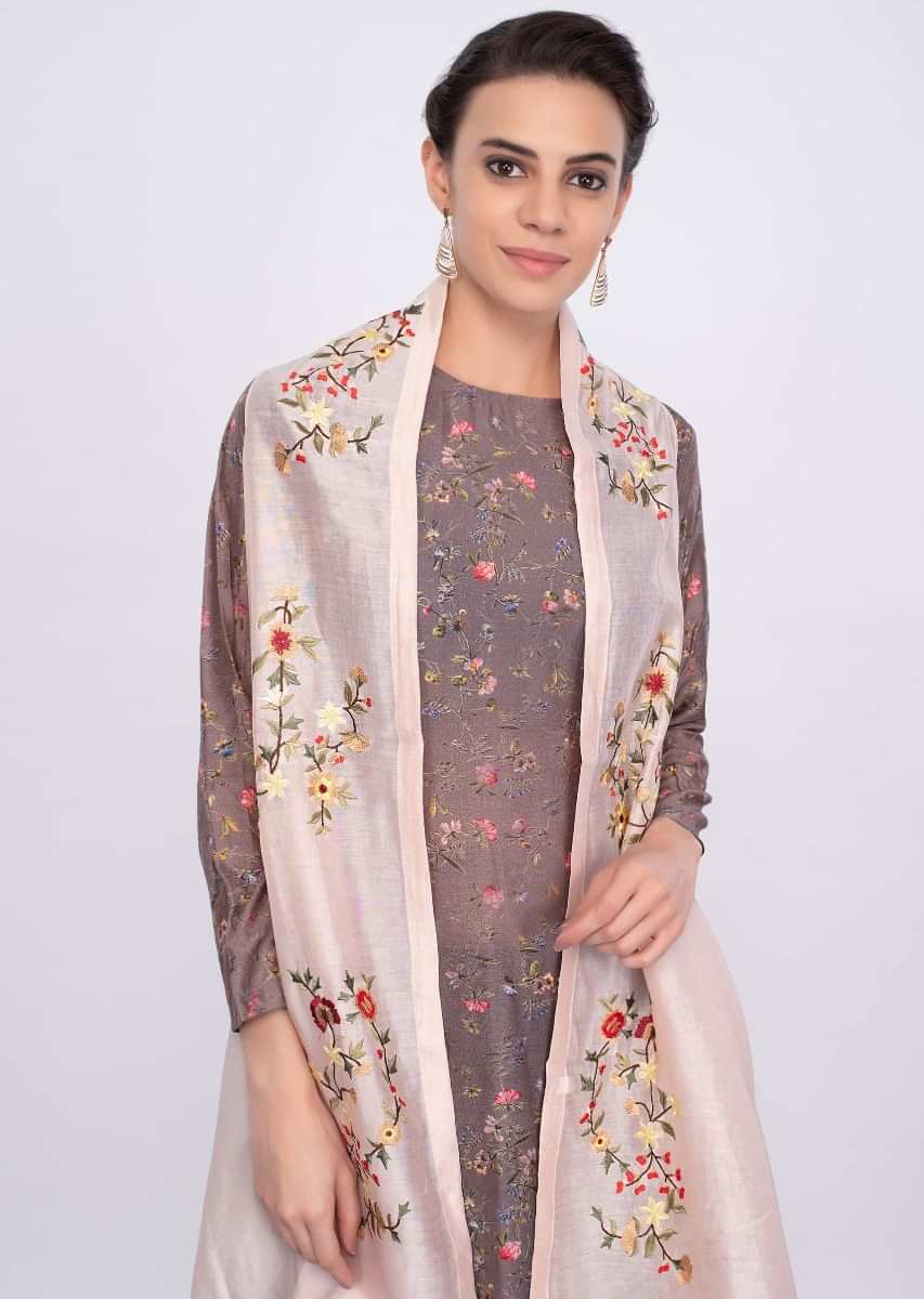 Grey cotton asymmetric kurti in digital floral print only on Kalki
