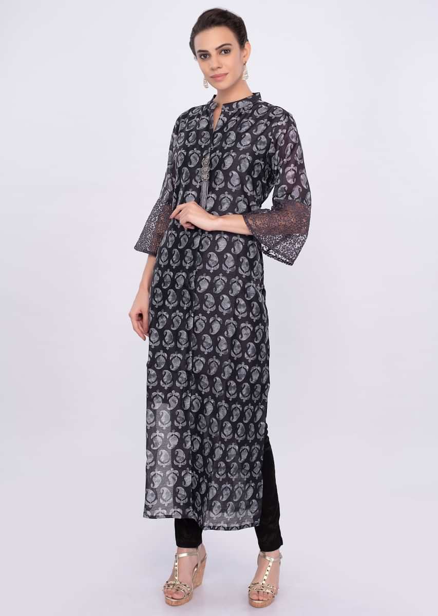 Grey Kurti In Cotton Silk With Block Print Online - Kalki Fashion