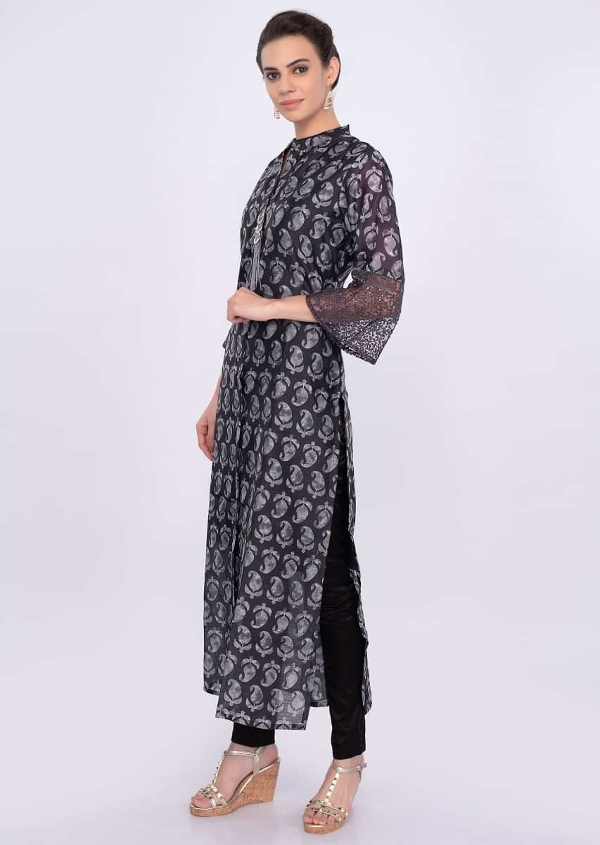 Grey Kurti In Cotton Silk With Block Print Online - Kalki Fashion