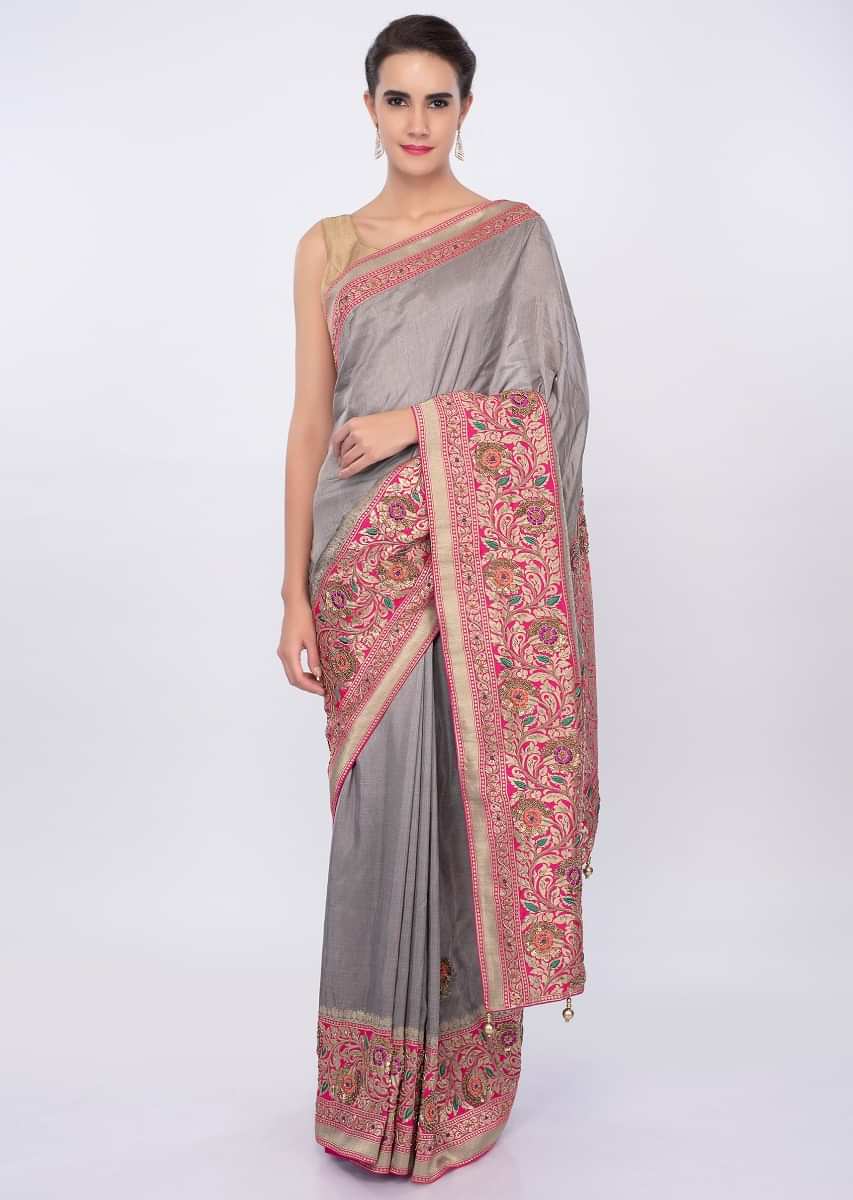 Grey cotton silk saree with brocade border and pallo only on Kalki