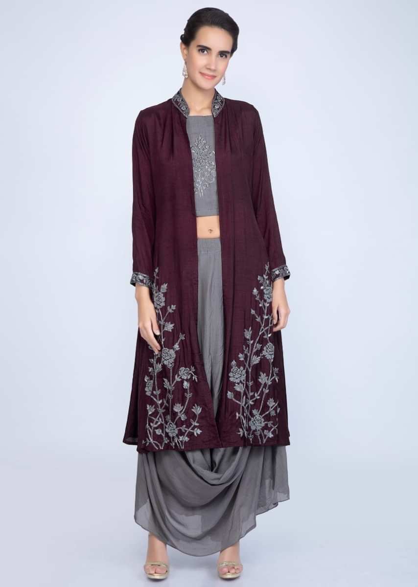 Grey embroidered crop top with cowl drape skirt and plum jacket only on Kalki