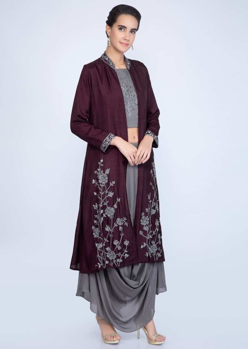 Grey embroidered crop top with cowl drape skirt and plum jacket only on Kalki