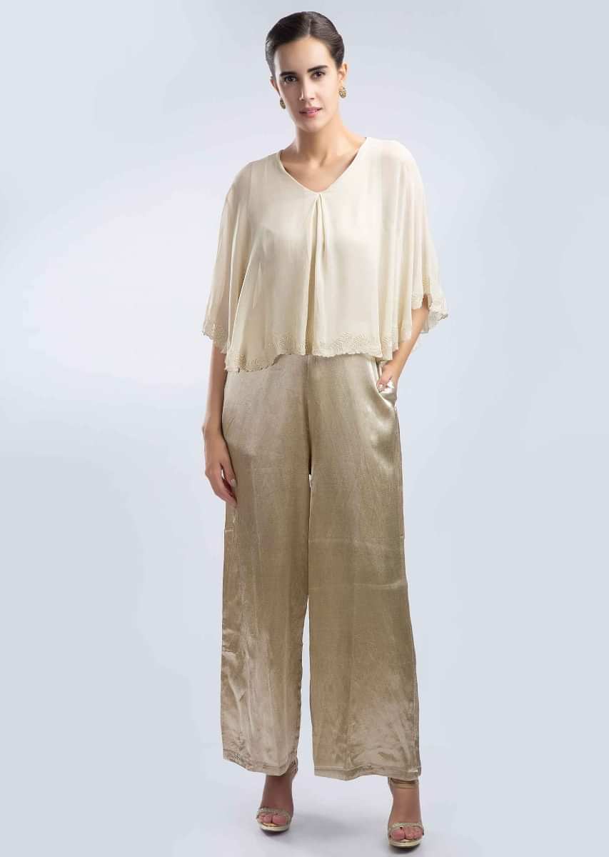 Buy Grey Fabia Jumpsuit In Satin With A Prestitched Georgette Cape ...