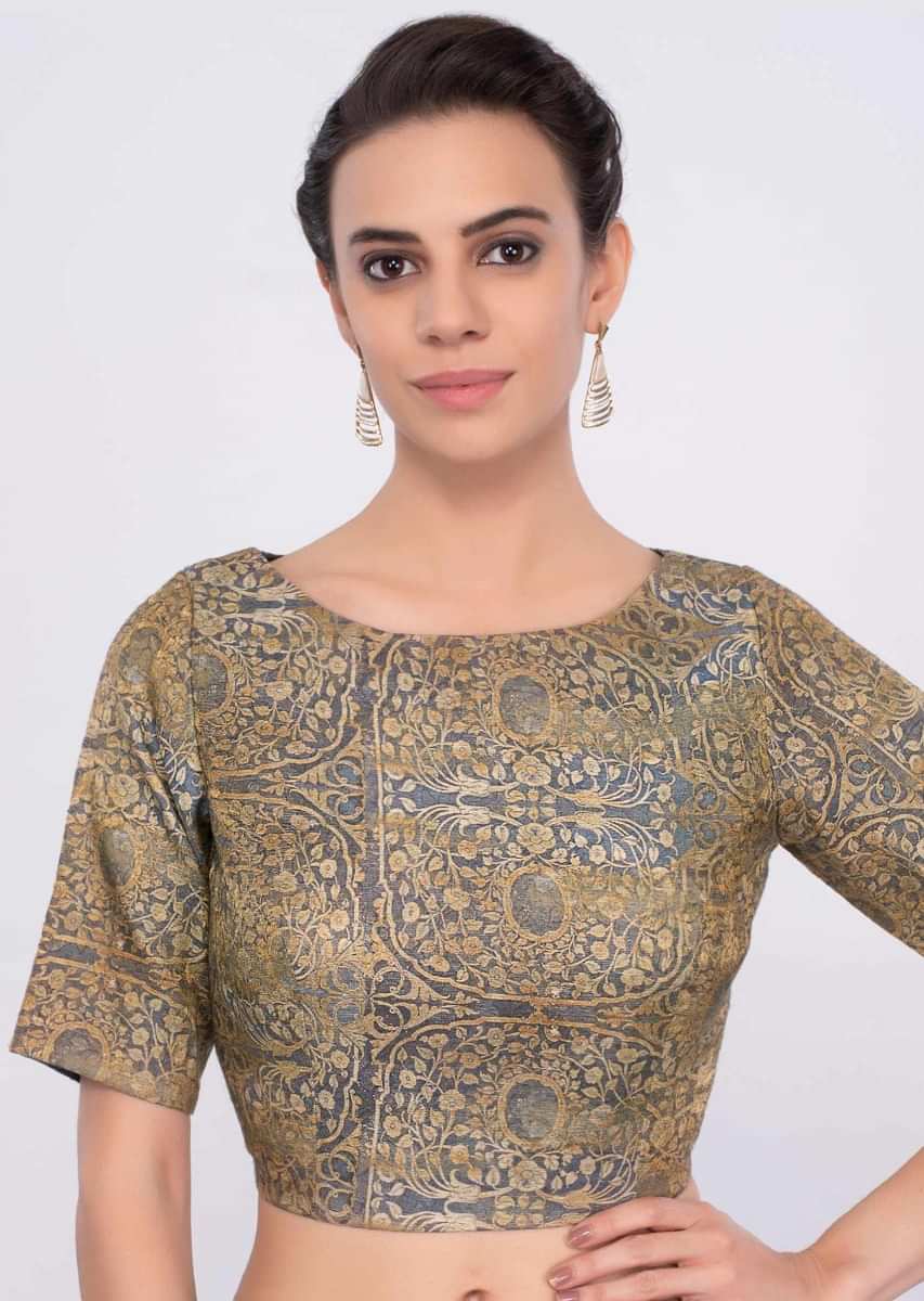 Grey fancy fabric high neck blouse with digital floral print only on Kalki