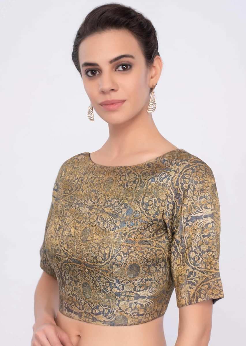 Grey fancy fabric high neck blouse with digital floral print only on Kalki